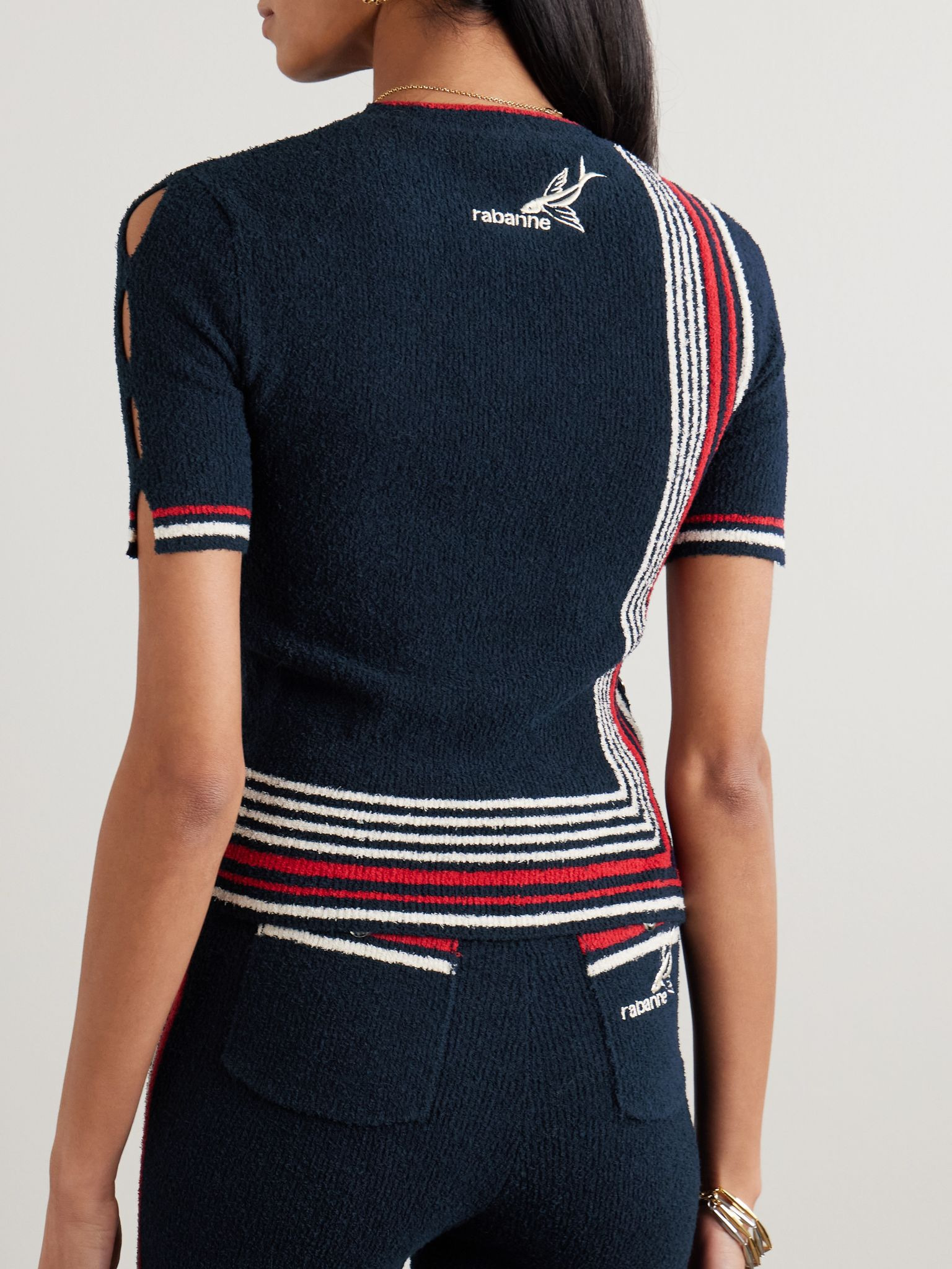 Button-embellished striped cotton-blend chenille sweater Navy - 3
