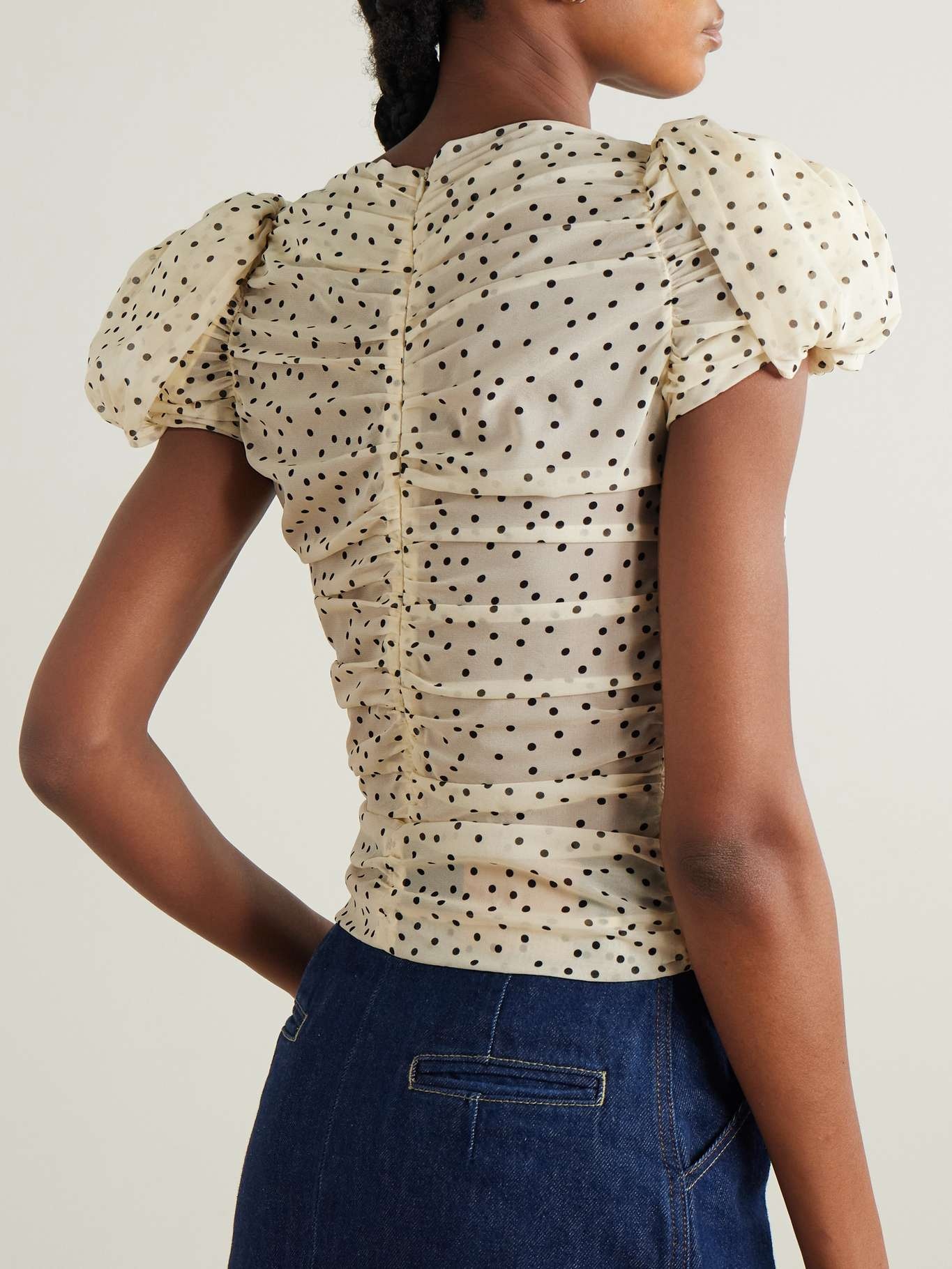 Ruched polka-dot print stretch-silk chiffon top Cream - 3