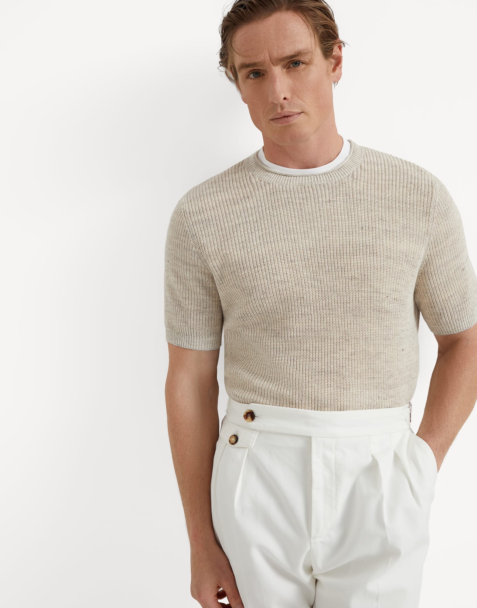 Linen and cotton half English rib knit t-shirt - 4