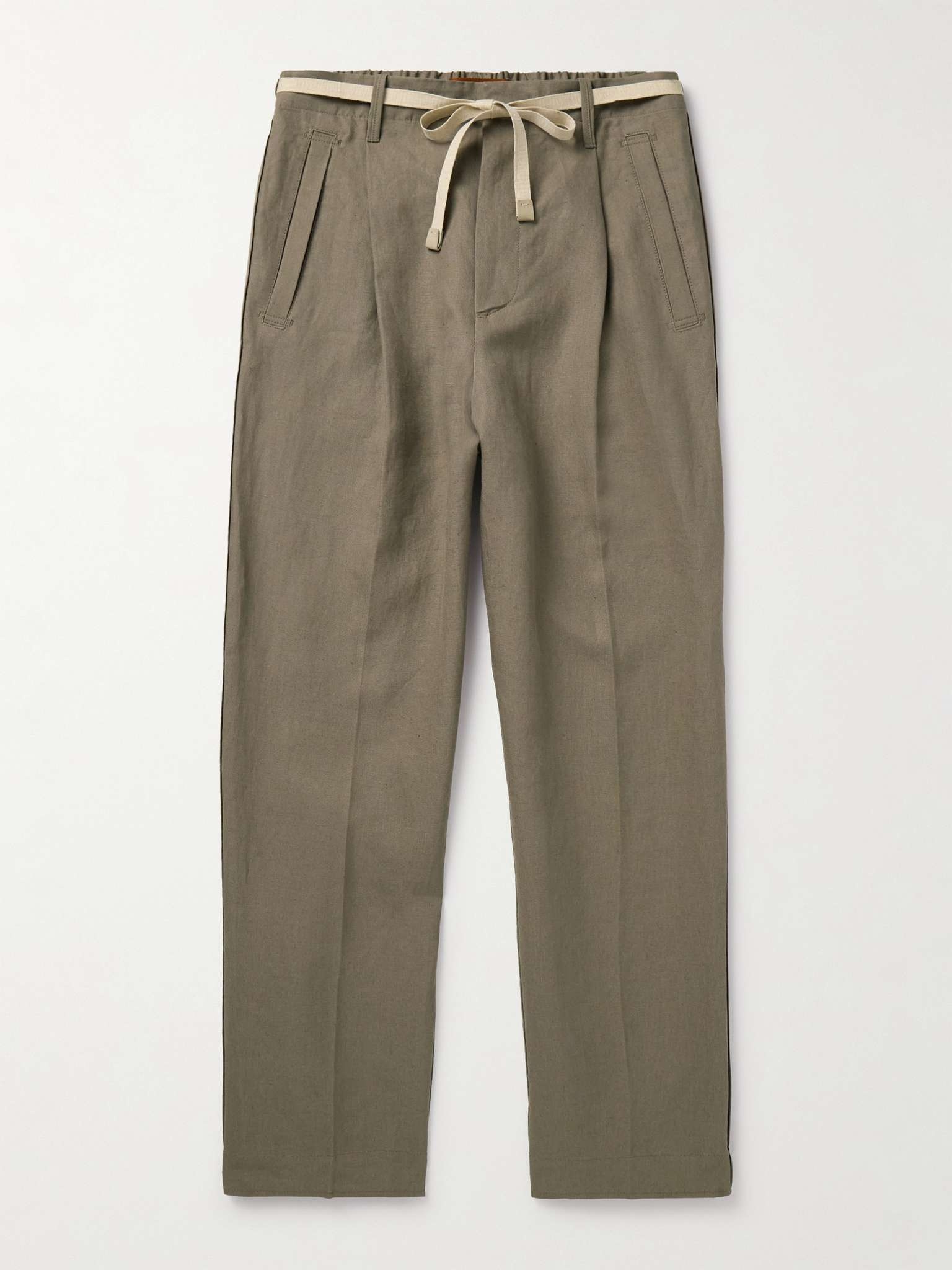 Slim-Fit Belted Pleated Slubbed Oasi Lino Trousers - 1