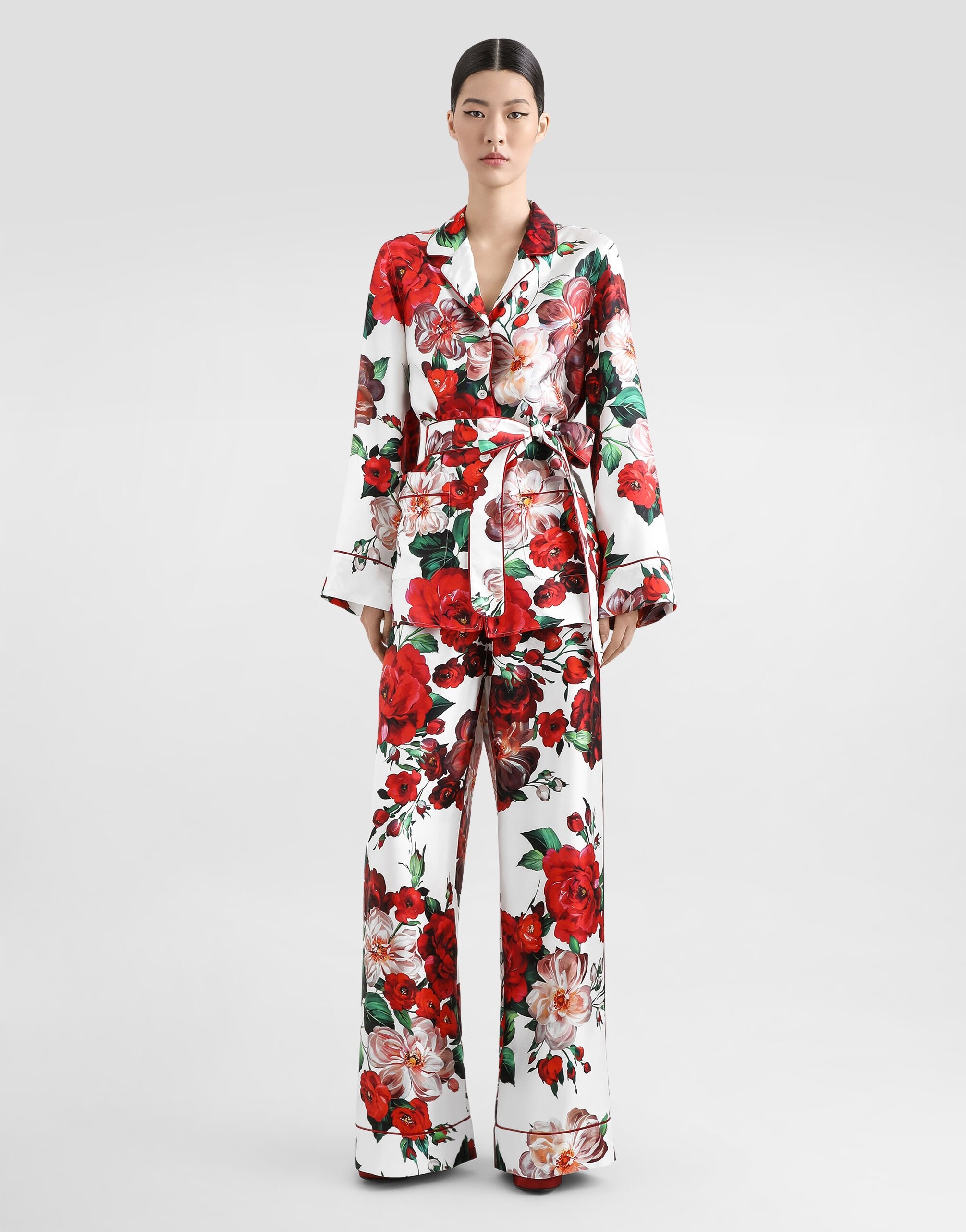 Satin pajama pants with rose print - 2