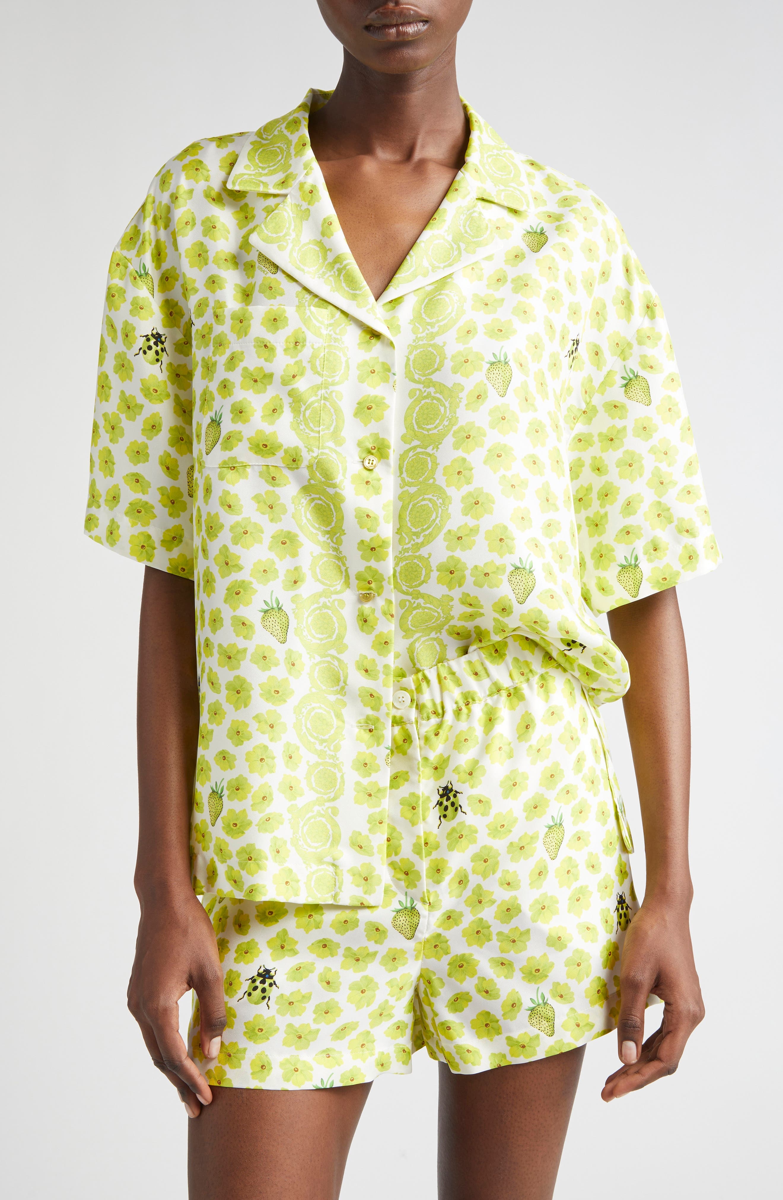 Versace Strawberry Garden Print Camp Shirt in White/Lime at Nordstrom - 1
