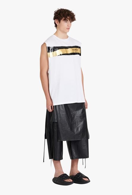 White eco-designed cotton T-shirt with black and gold Balmain logo print - 7