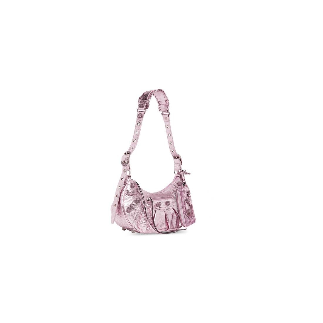 Women's Le Cagole Small Shoulder Bag Metallized Crocodile Embossed With Rhinestones in Pink - 4