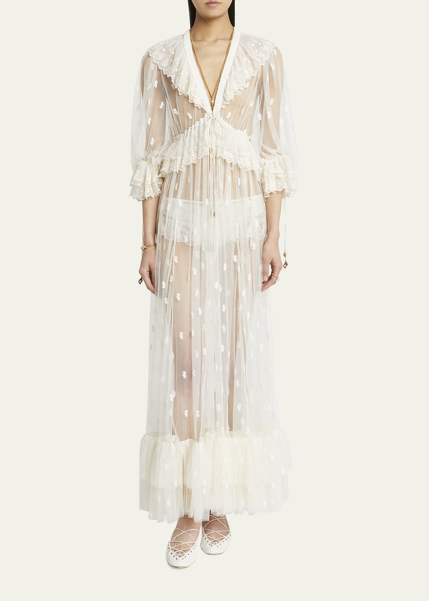 Long Lace Ruffled Drawstring Dress - 2
