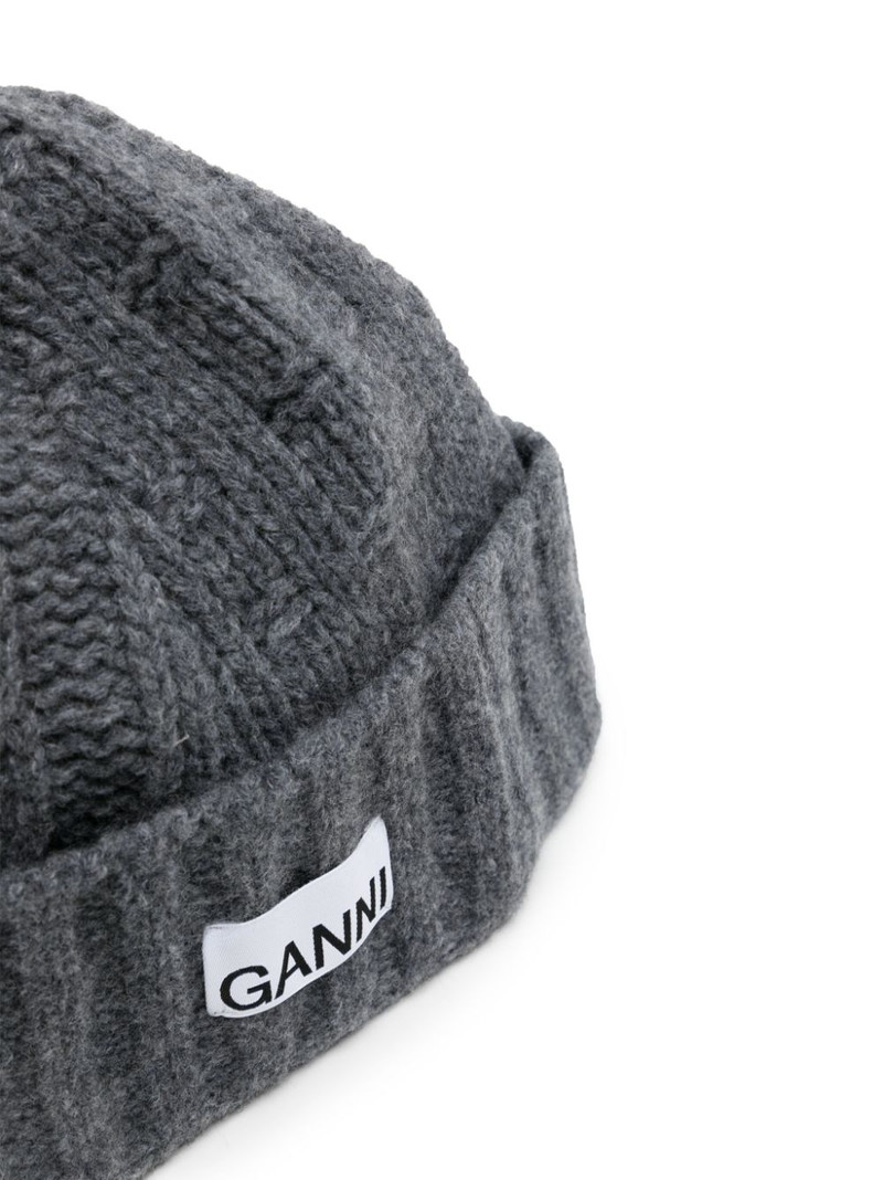 GANNI logo-patch ribbed-knit beanie outlook