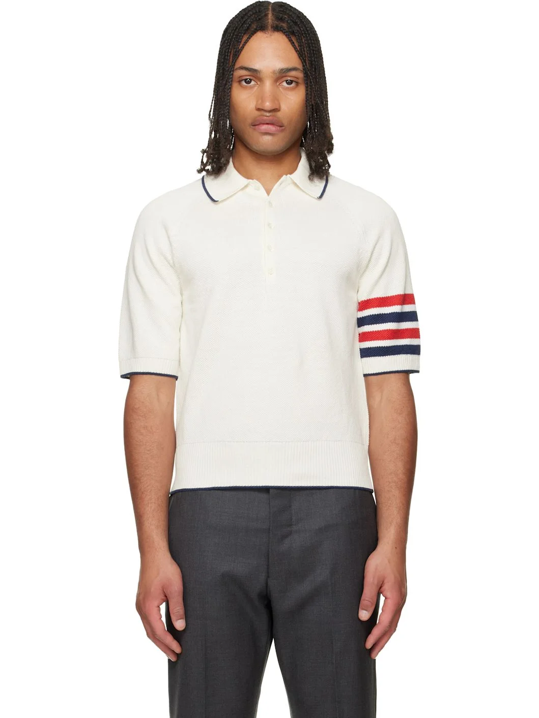 White Linen Cotton 4-Bar Relaxed Fit Polo - 1