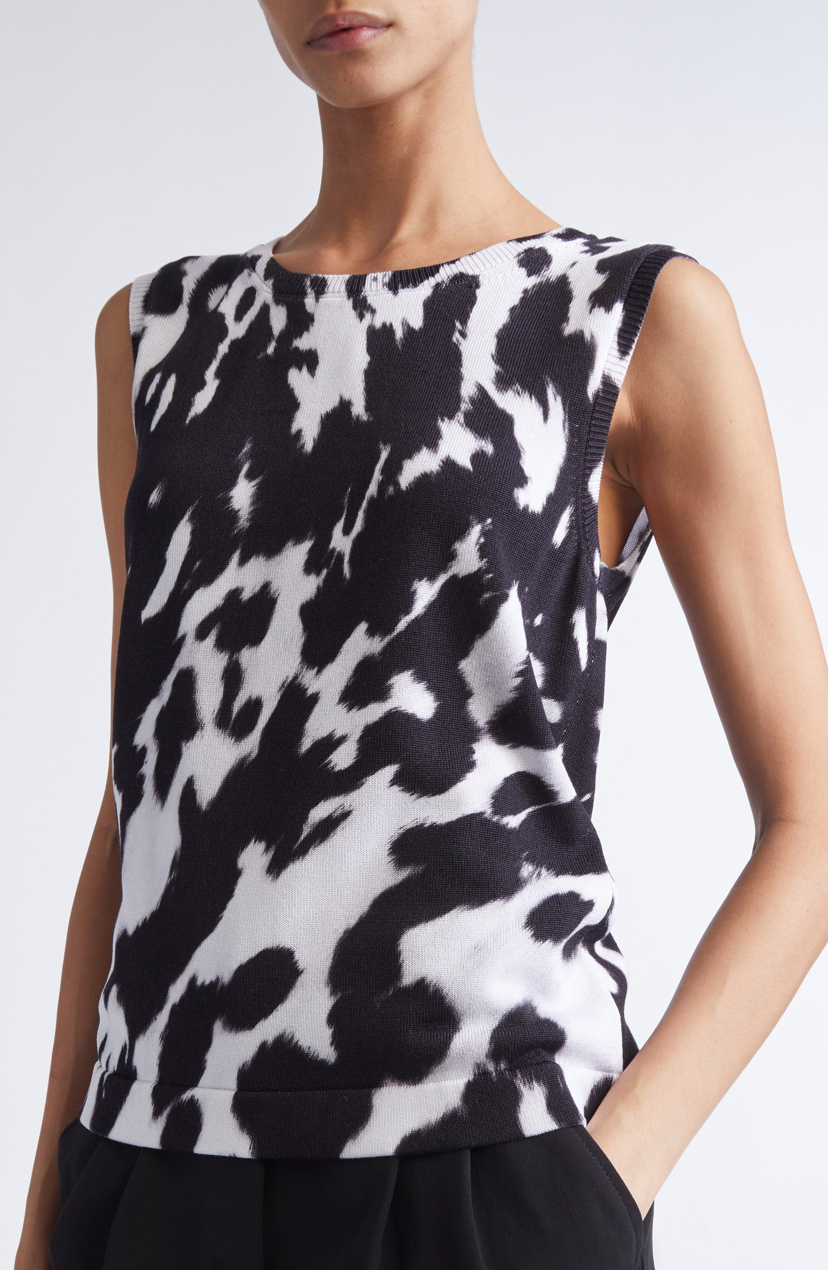 Oscar de la Renta Cow Print Cotton Blend Shell in Black/Ivory at Nordstrom - 4