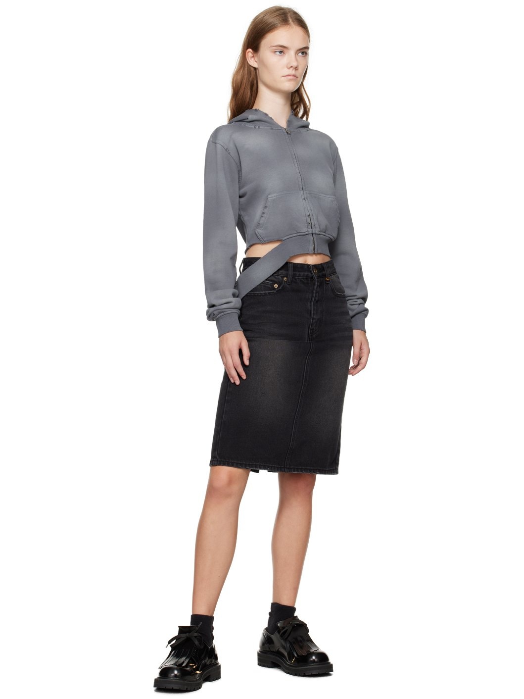 Black Washed Denim Midi Skirt - 4