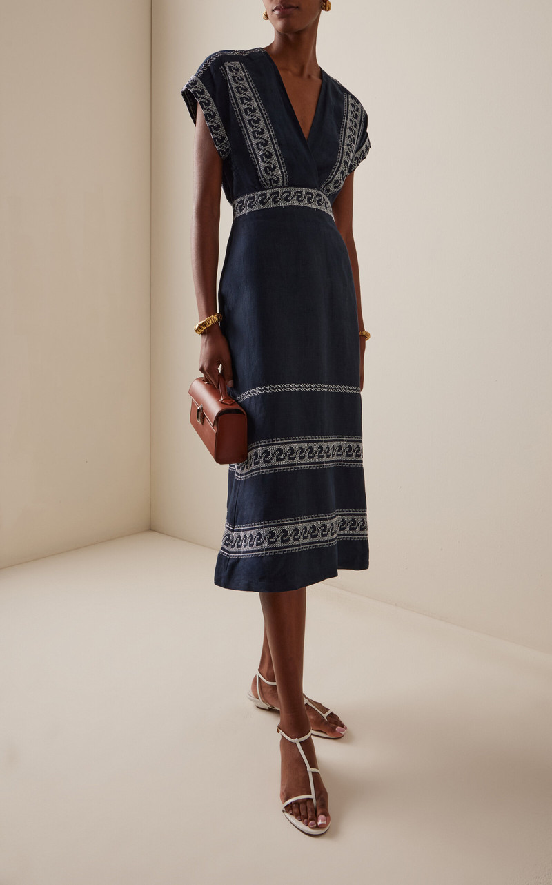 SILVIA TCHERASSI Ady Embroidered Linen-Blend Midi Dress navy outlook