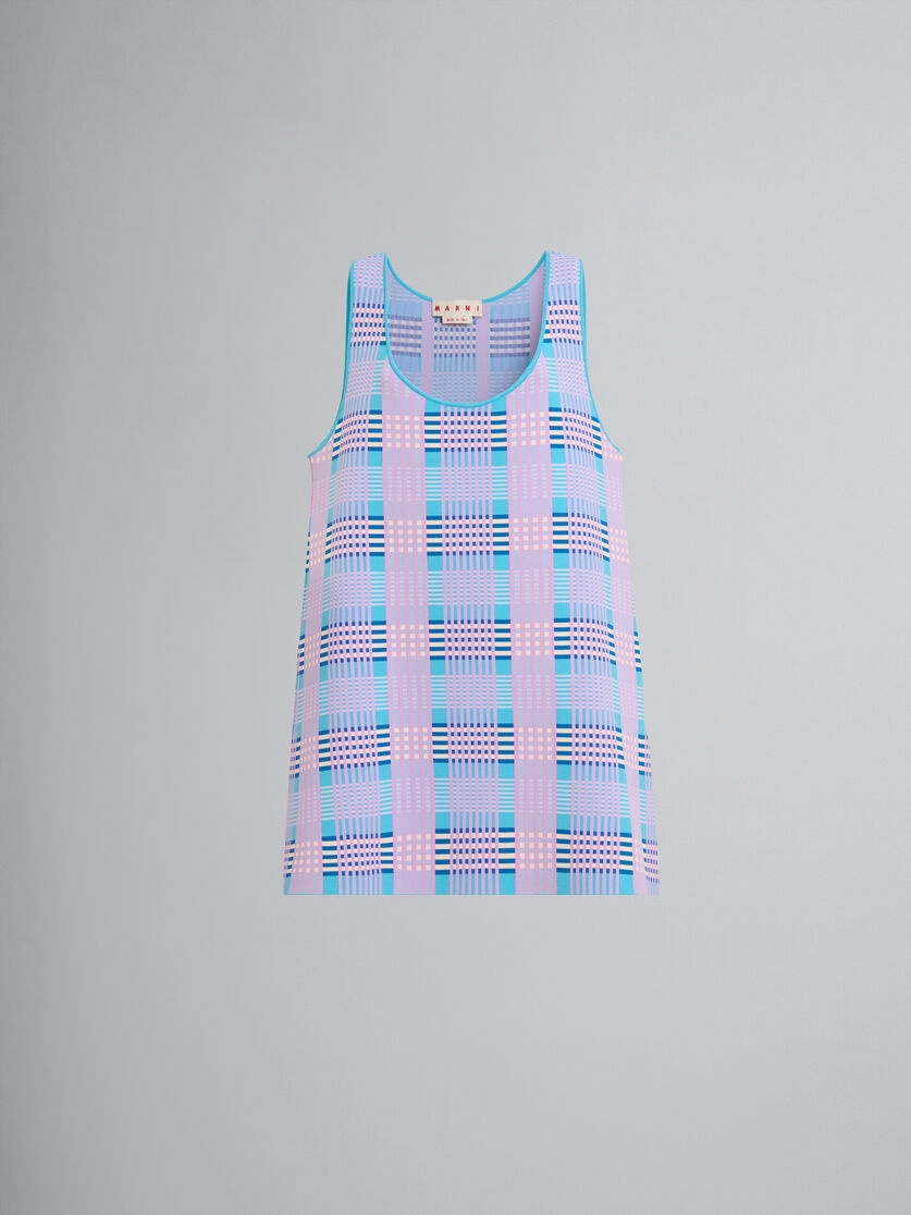 PINK AND BLUE CHECKED TECHNO KNIT A-LINE DRESS - 1