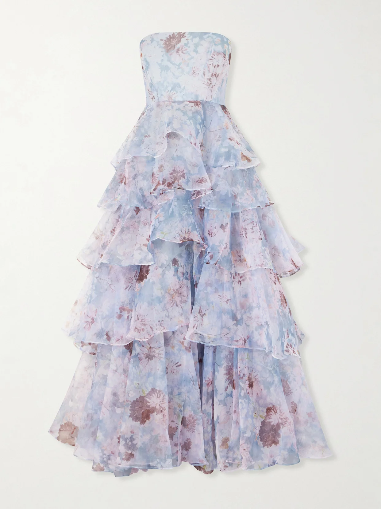 Gabrielle Strapless Tiered Ruffled Floral-print Linen-blend Organza Gown - 1
