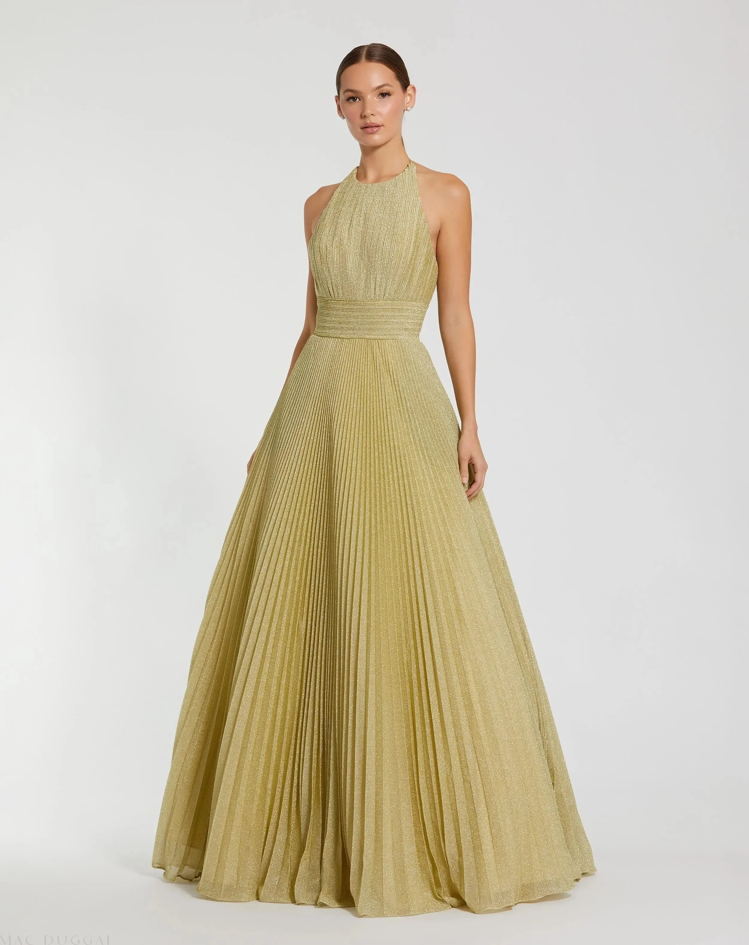 Gold Shimmering Pleated High Neck Ball Gown - 1