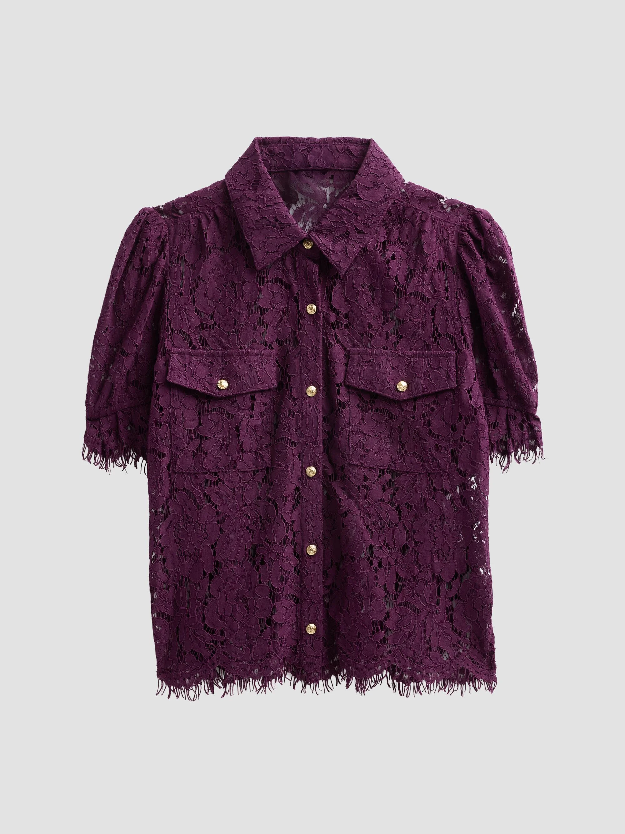 Women's Lace Puff Sleeve Shirt - Plum - 1