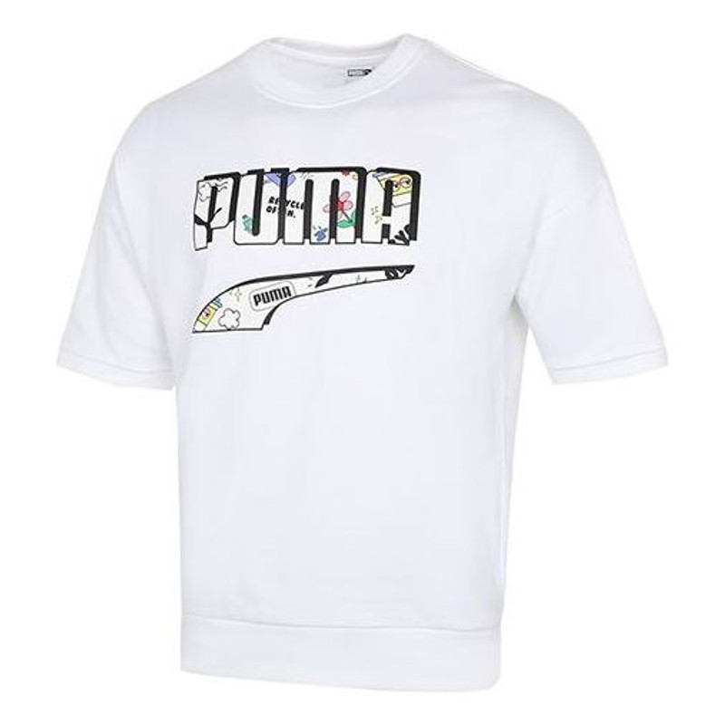 PUMA Unisex 인쇄 로고 둥근 목 티 화이트 532041-02 - 1