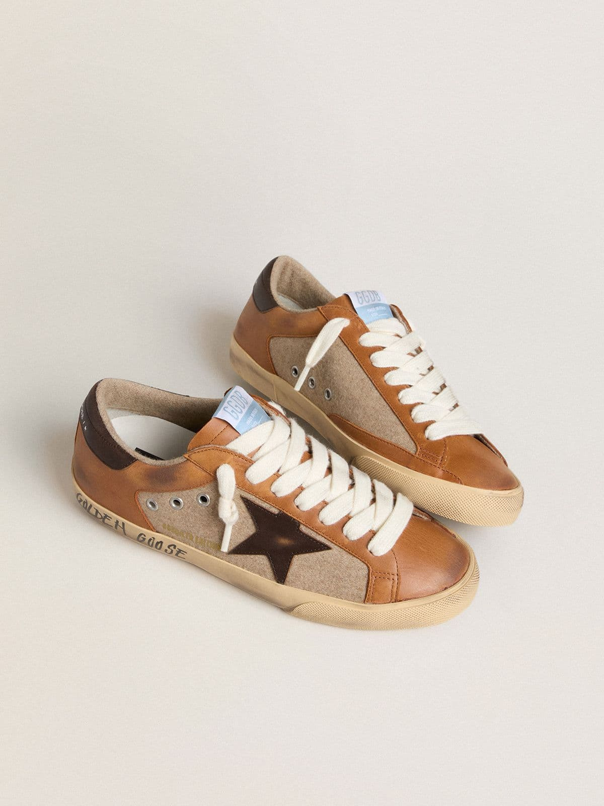 Men's Super-Star LTD in beige wool with brown leather star and camel inserts - 2