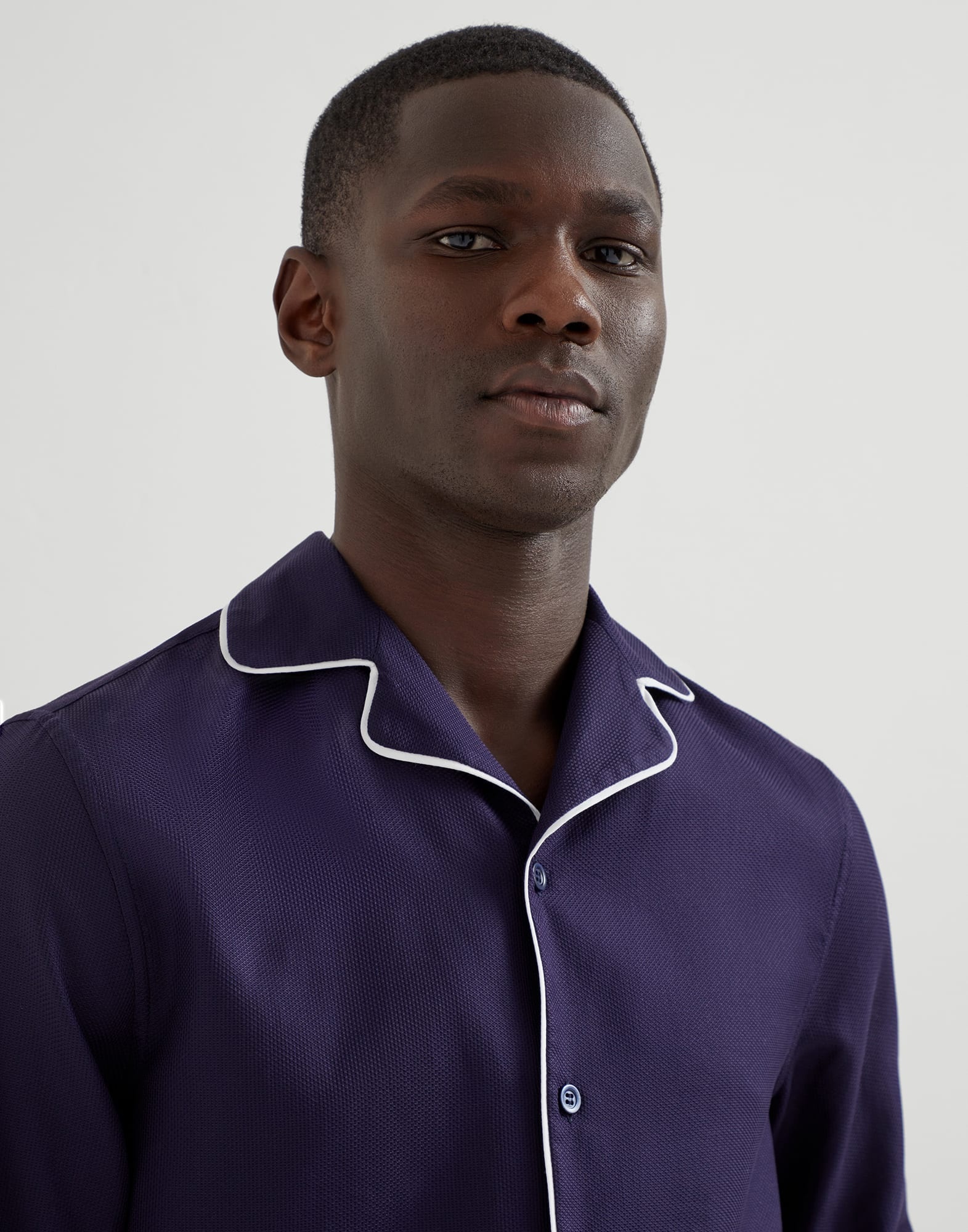 Honeycomb texture cotton easy fit shirt with camp collar and piping - 3