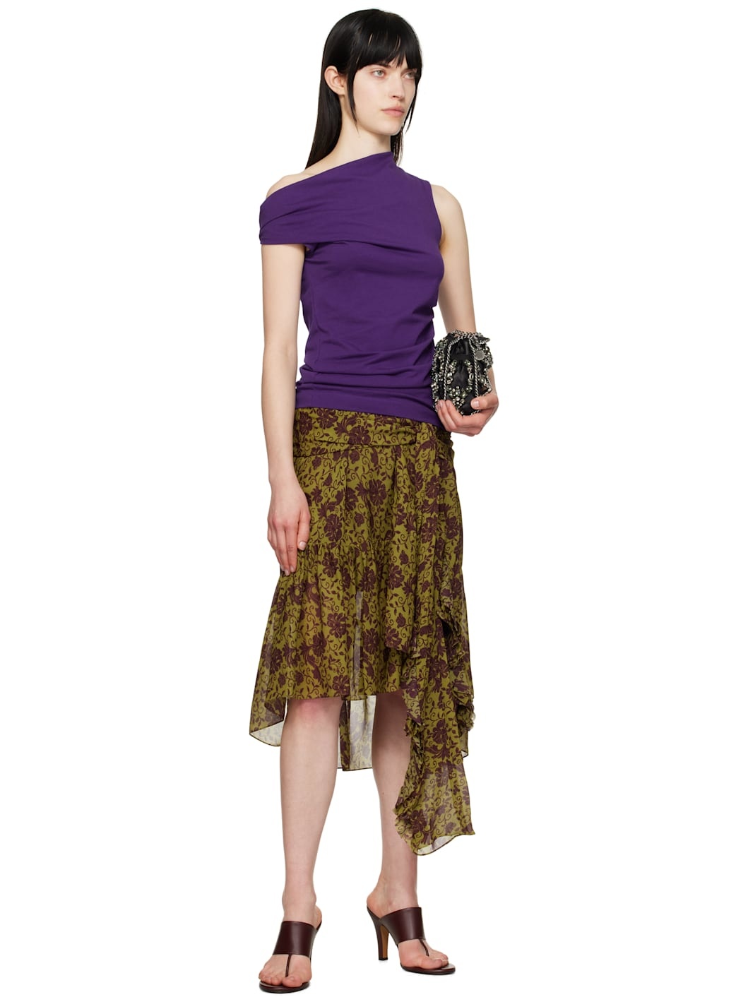 Green & Burgundy Floral Midi Skirt - 4
