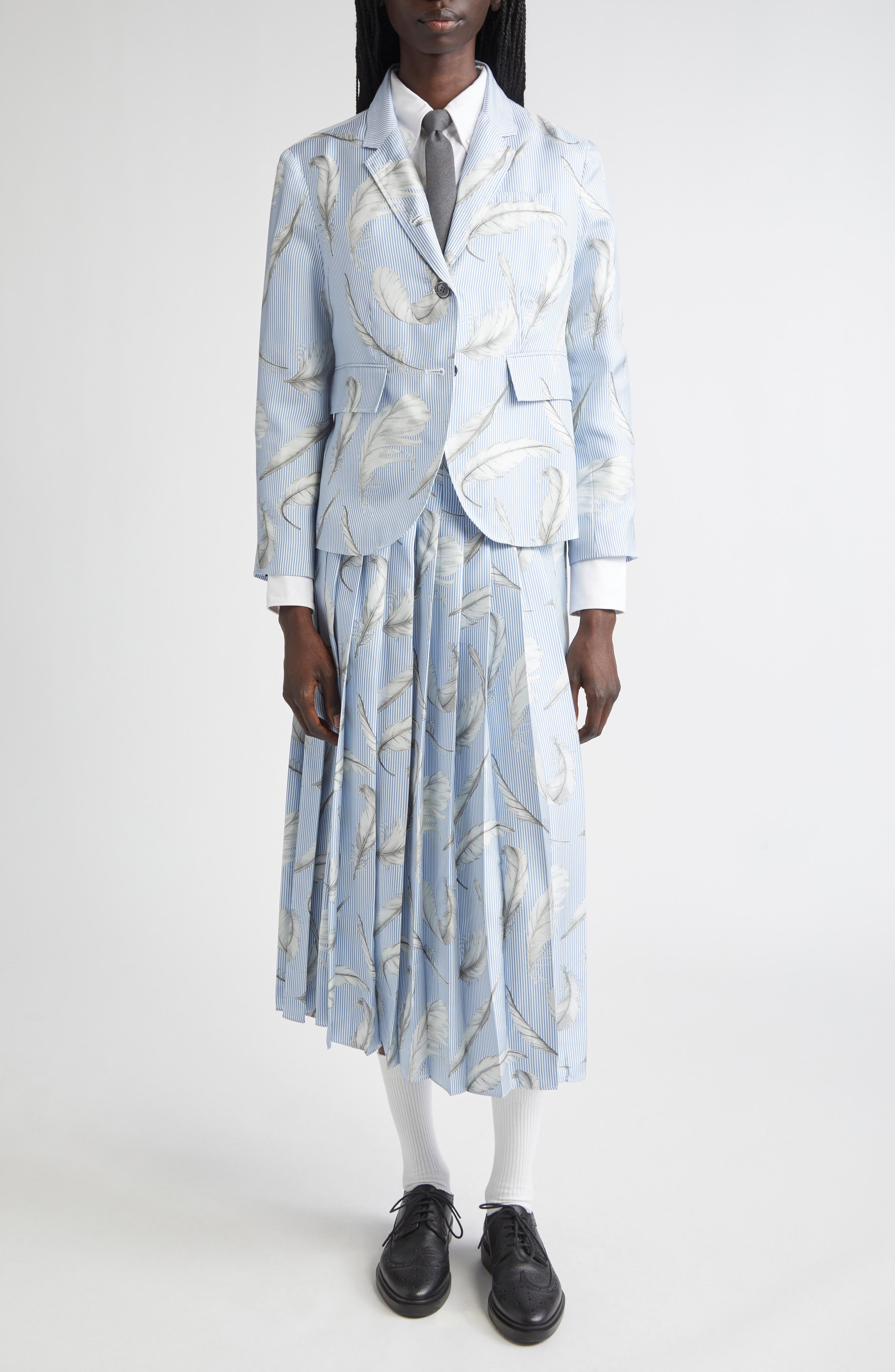 Thom Browne Feather Print Stripe Silk Blazer in Light Blue at Nordstrom - 2