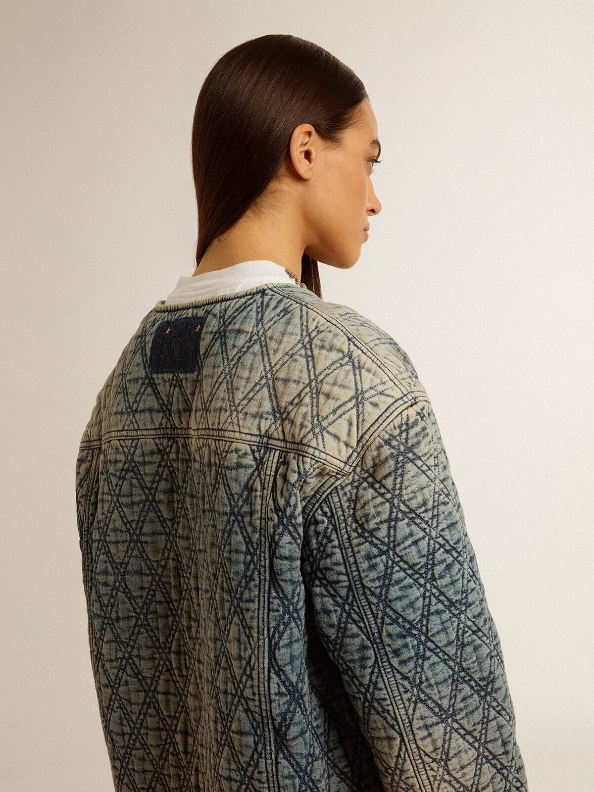 Women's blue quilted jacket in cotton denim with distressed finish - 4