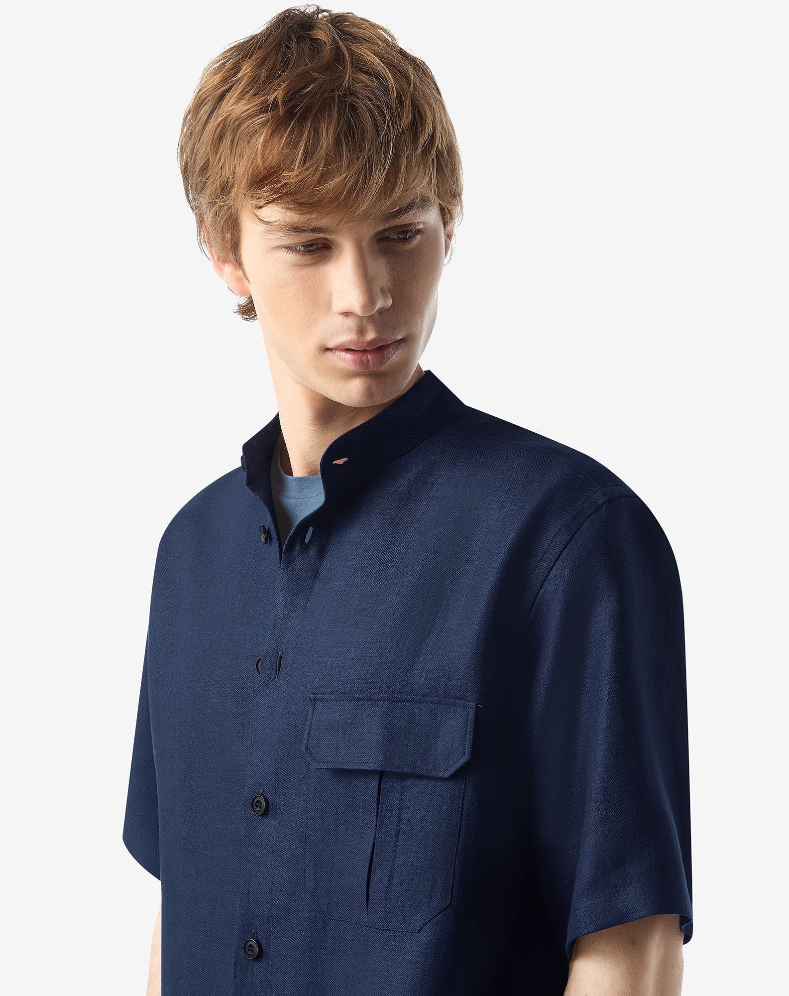 Blue short-sleeved pure linen shirt - 4