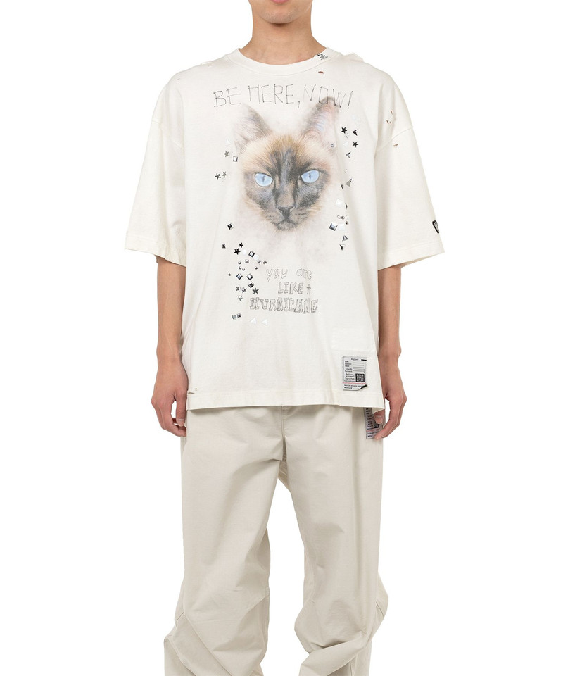 Cat Printed Embellished Distressed T-shirt 4