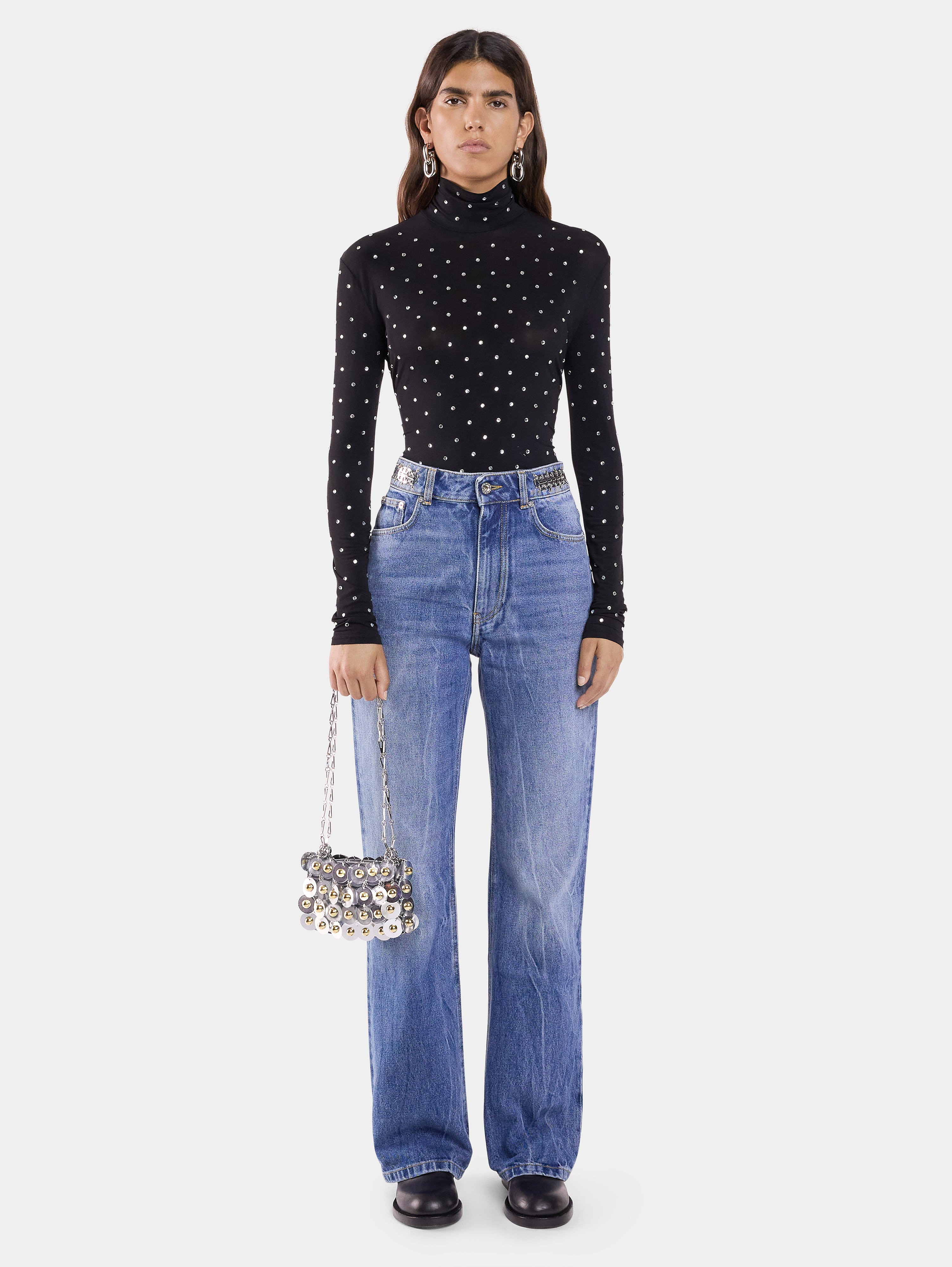 BLACK CRYSTAL-EMBELLISHED TOP IN SECOND-SKIN JERSEY - 3