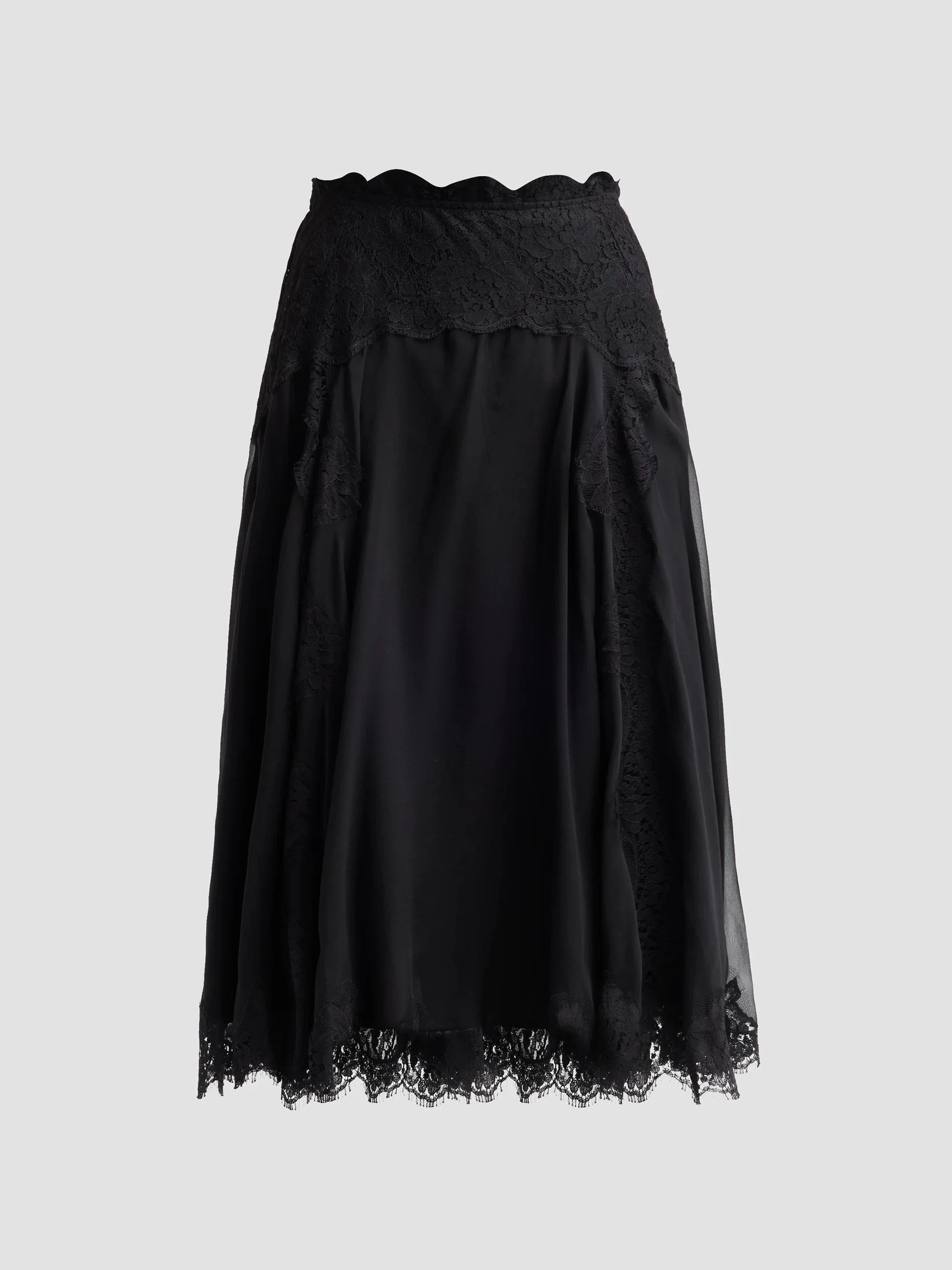Women's Lace-Trim Silk-Cotton Midi Skirt - Nero - 1