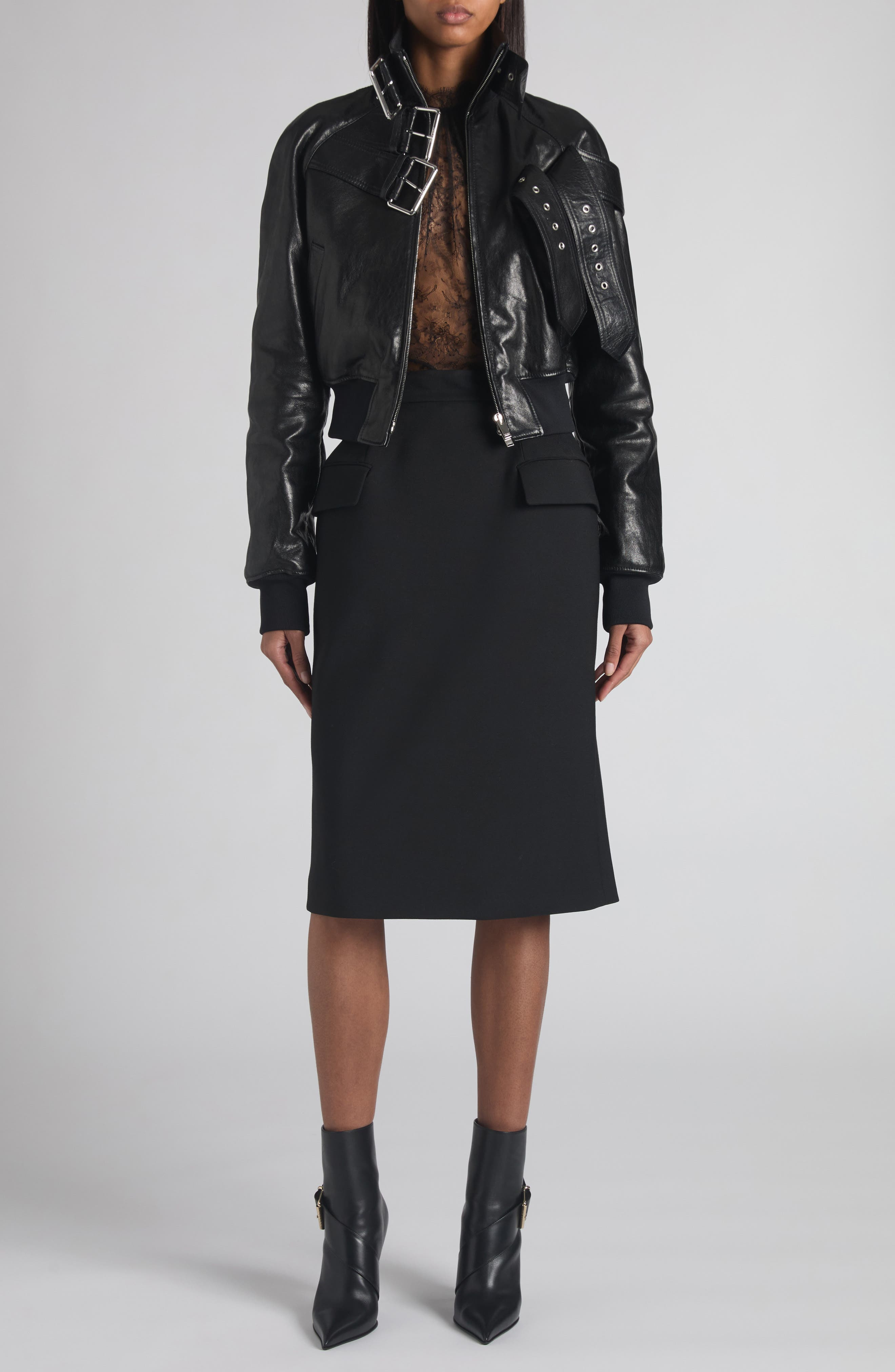 McQueen Belt Detail Lambskin Leather Bomber Jacket in Black at Nordstrom - 2