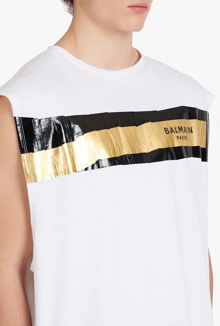 White eco-designed cotton T-shirt with black and gold Balmain logo print - 8