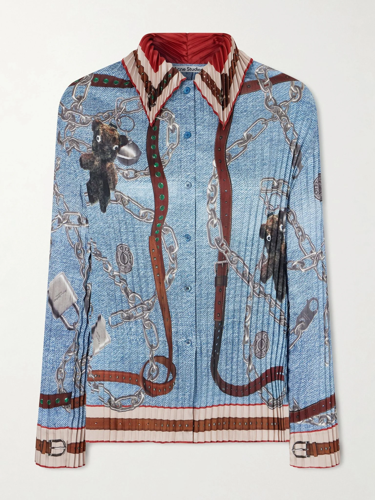 Printed pleated satin-twill shirt Blue - 1