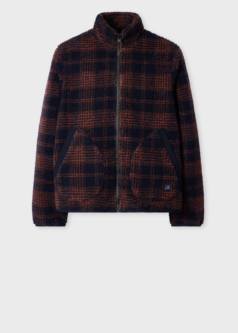 Navy and Orange Check Zip Fleece Jacket 1