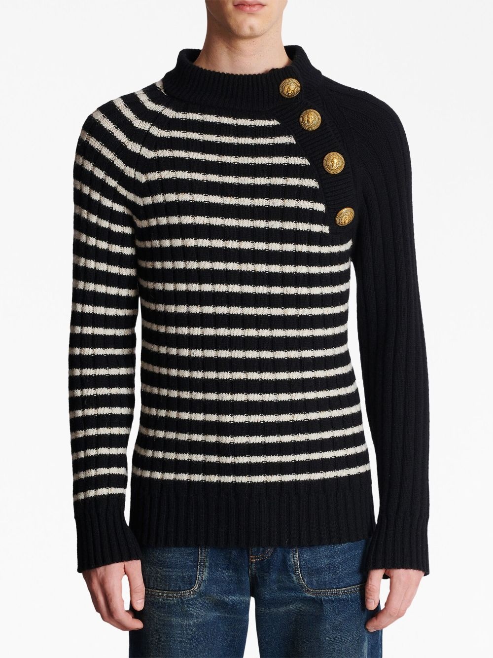 embossed-button striped jumper - 5