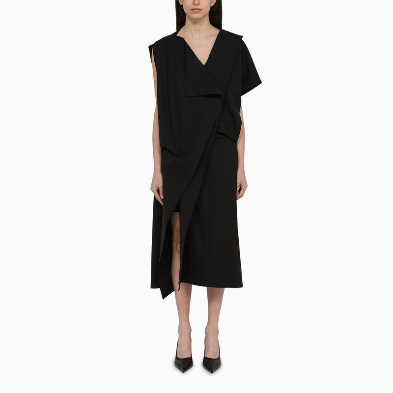 Black asymmetrical dress in wool blend - 1