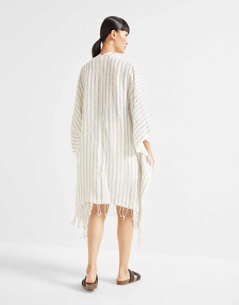 Brunello Cucinelli Striped linen poncho with fringe outlook