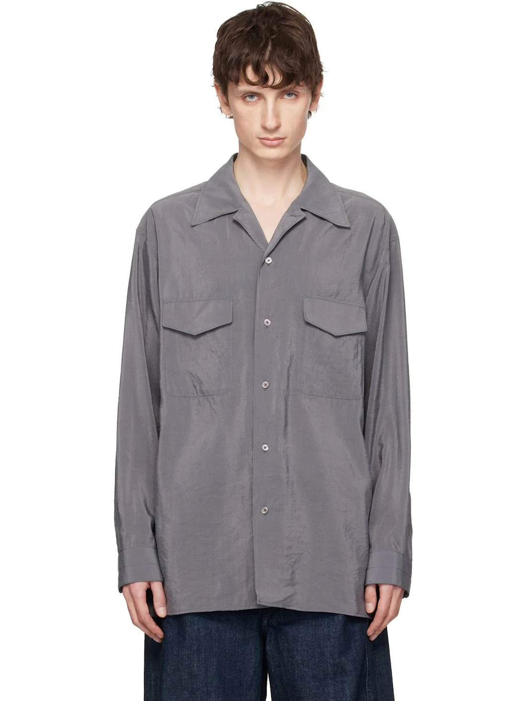 Gray Convertible Collar Dry Silk Shirt - 1