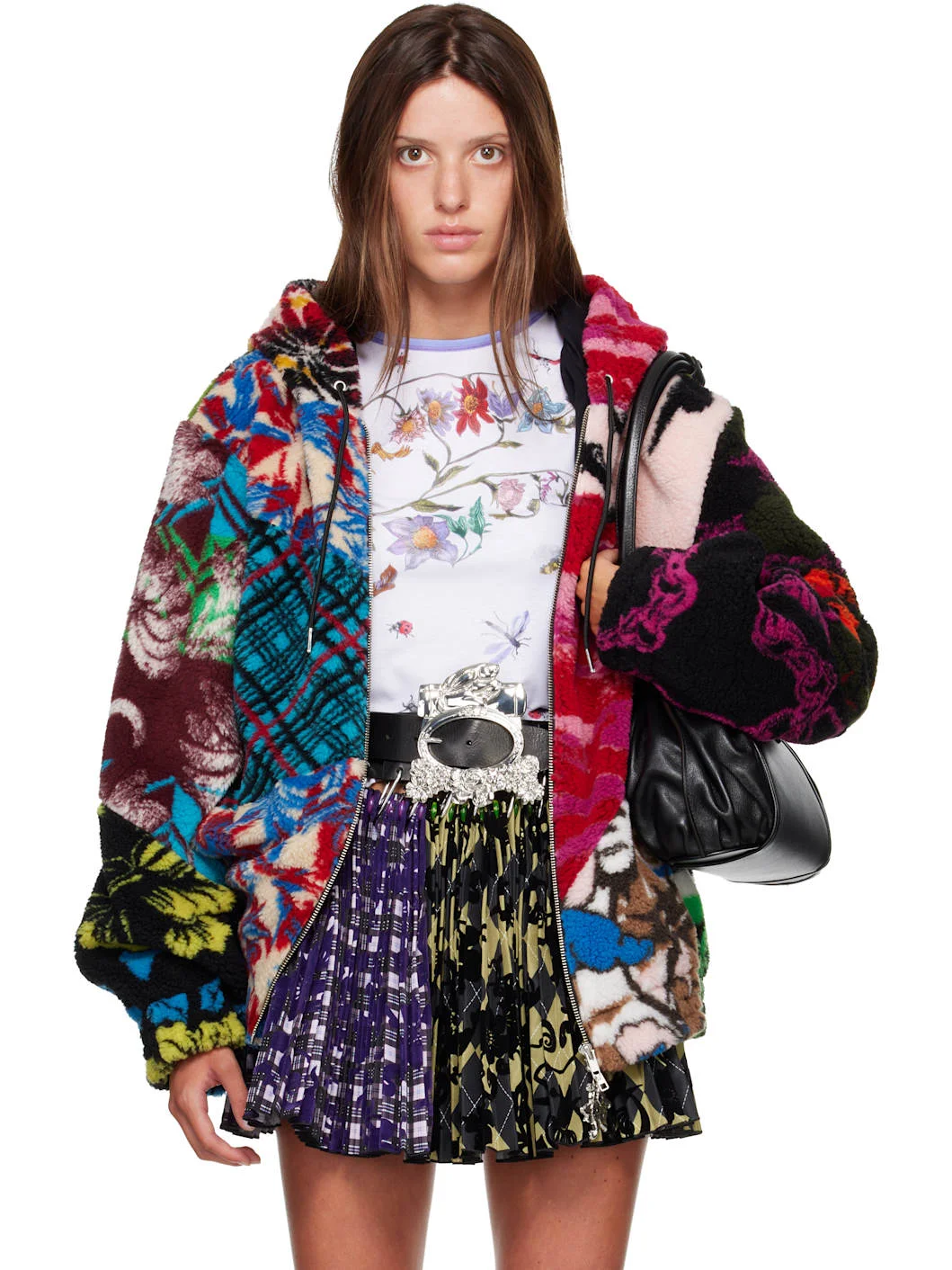 Multicolor Patchwork Oversized Hooded Fleece Jacket - 1