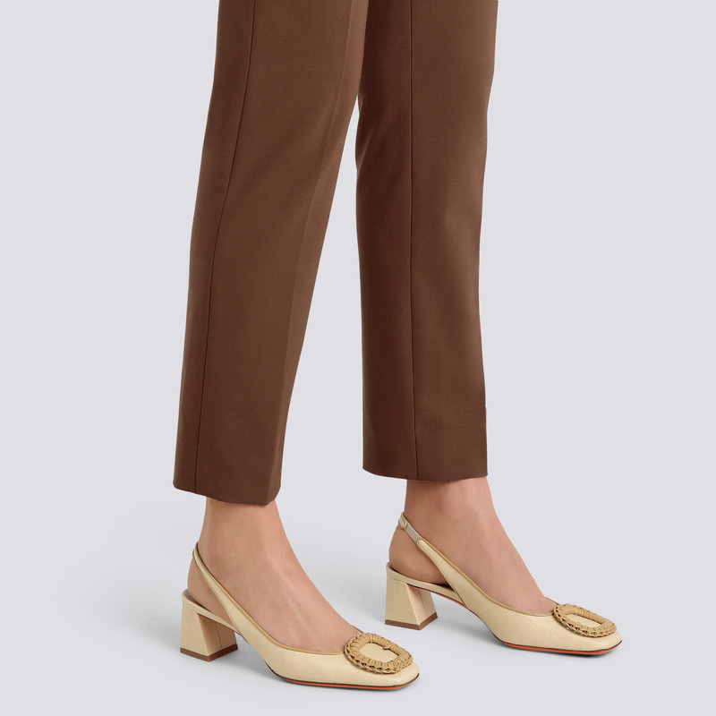 Santoni Women's beige raffia mid-heel slingback outlook