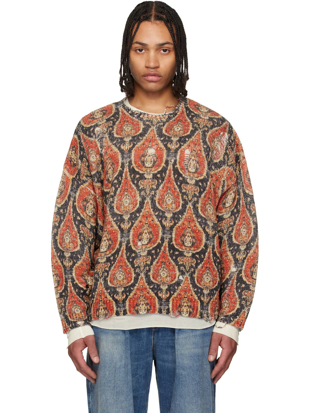 Orange & Black Printed Oversized Sweater - 1