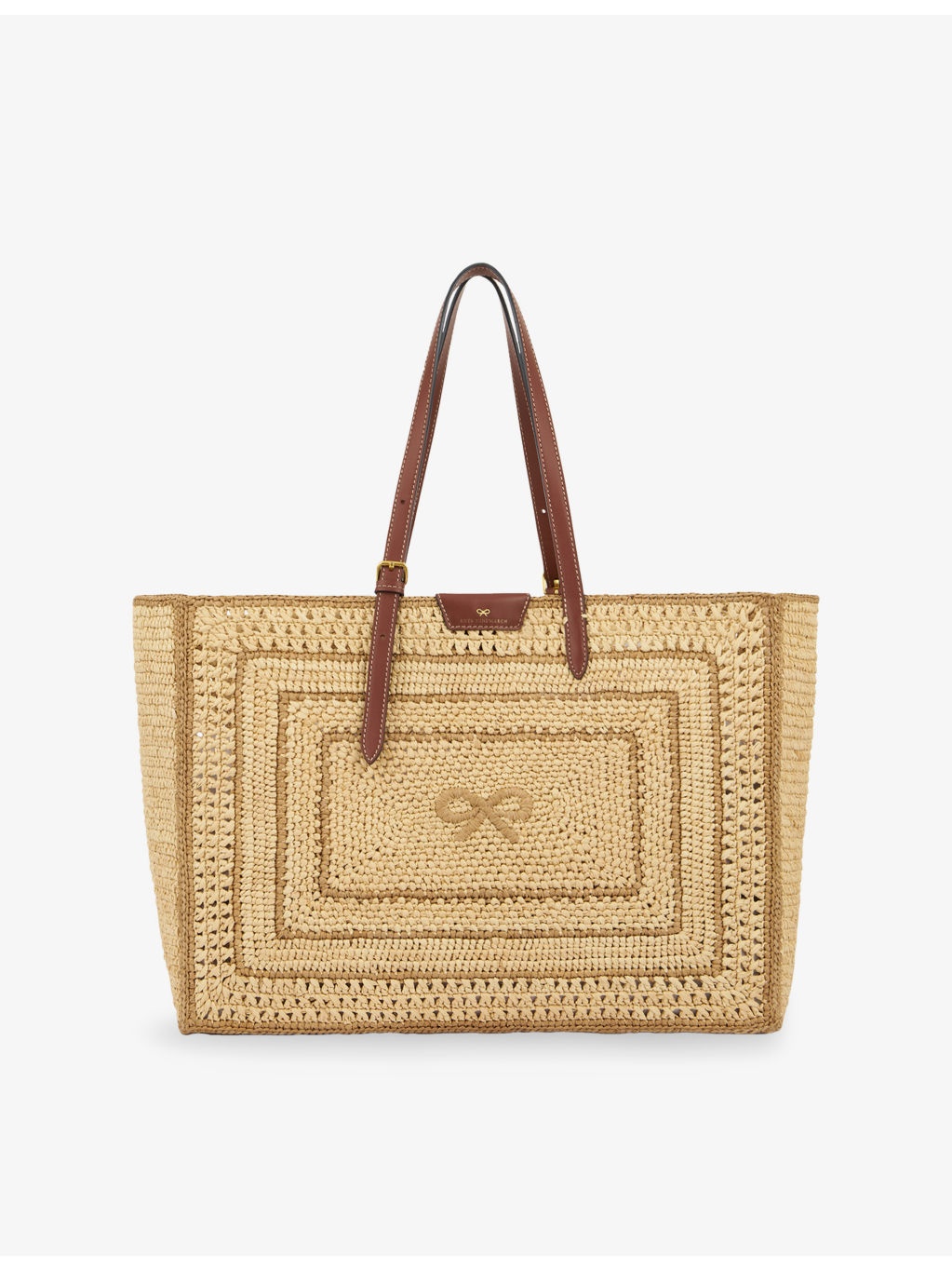 Bow-Embroidered Raffia Tote Bag - 1