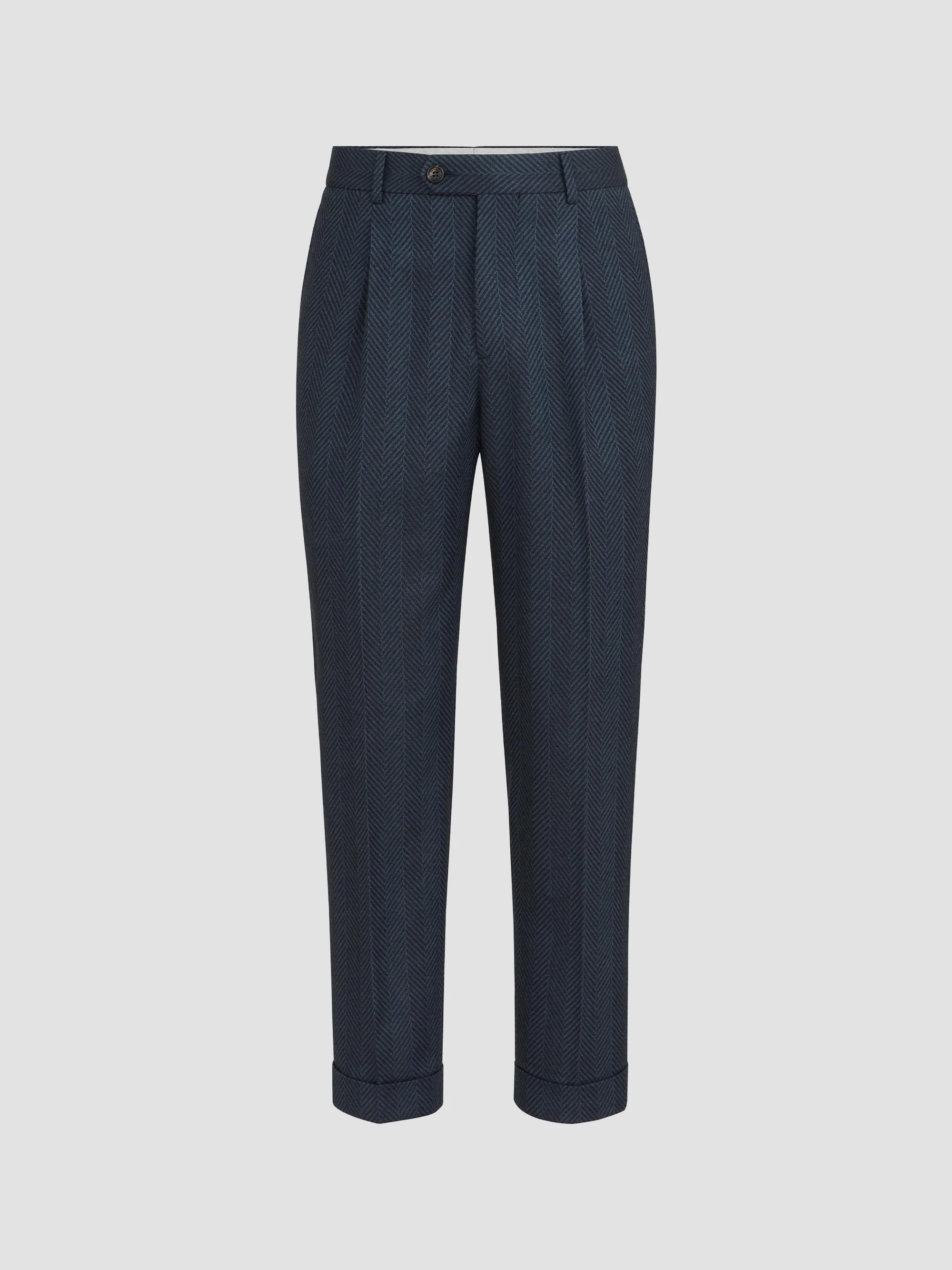 Men's Cashmere and Silk Chevron Flannel Trousers with Pleat - Navy Blue - 1