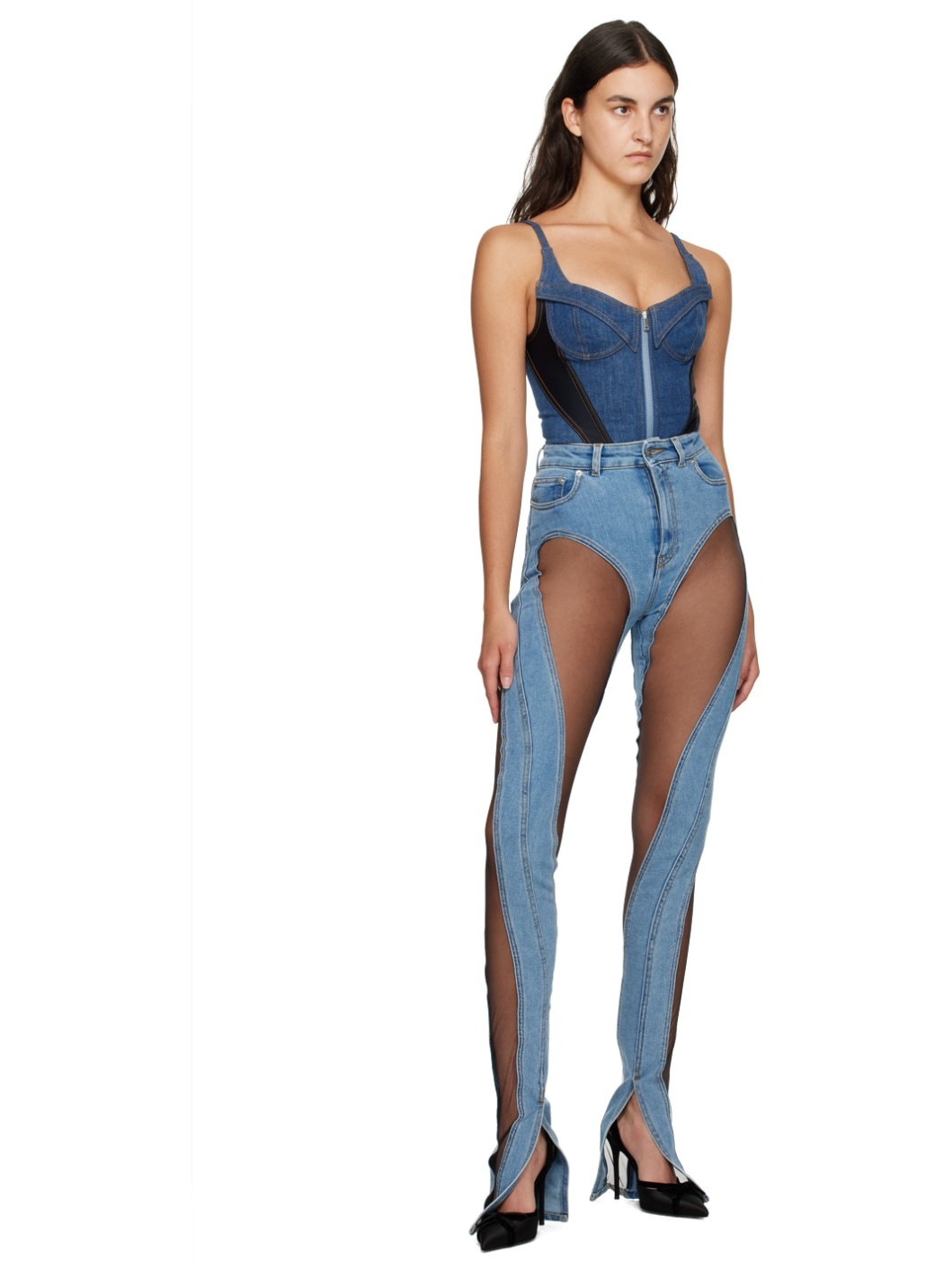Blue & Black Paneled Denim Bodysuit - 5
