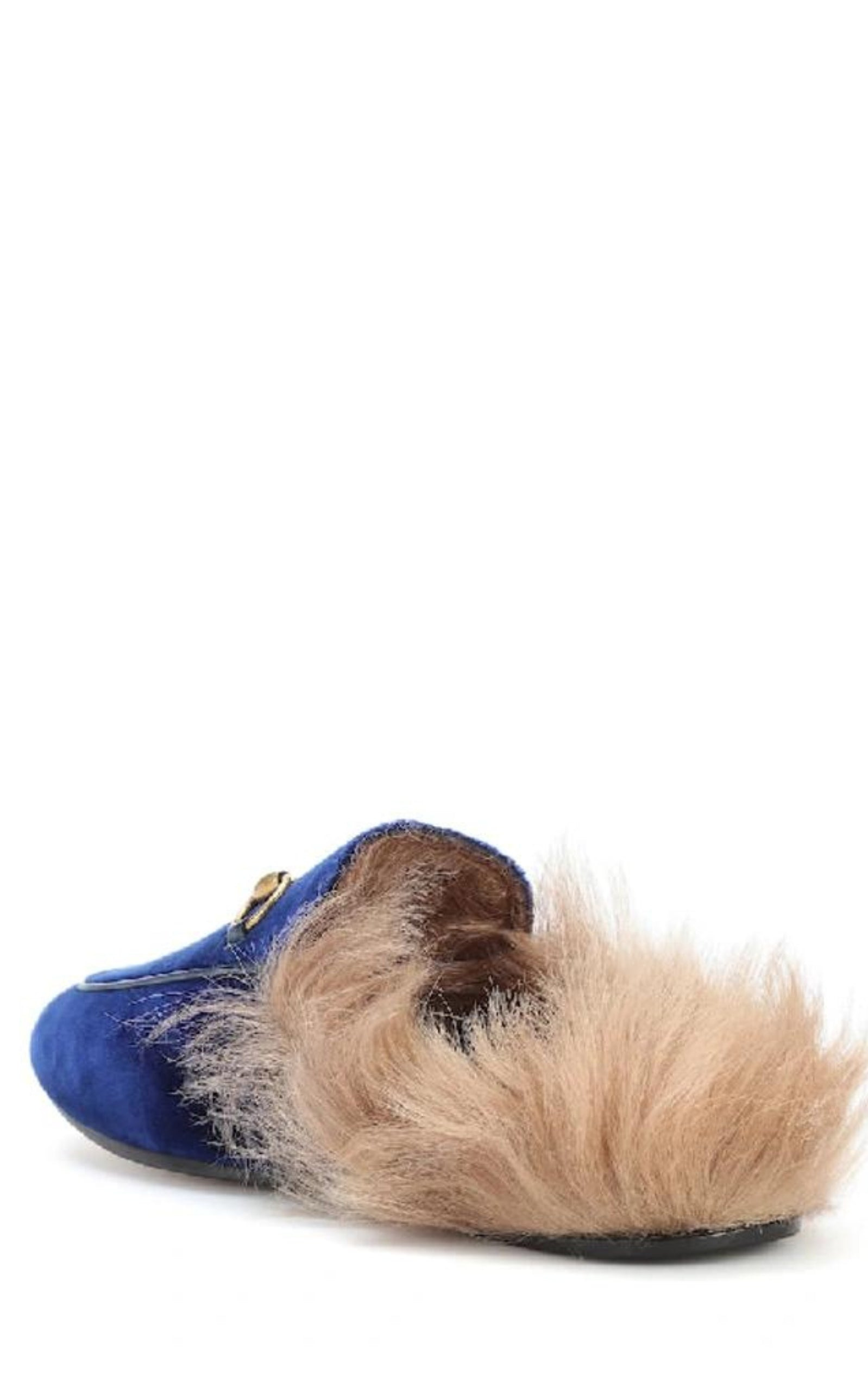 Blue Velvet & Fur Princetown Slippers - 3