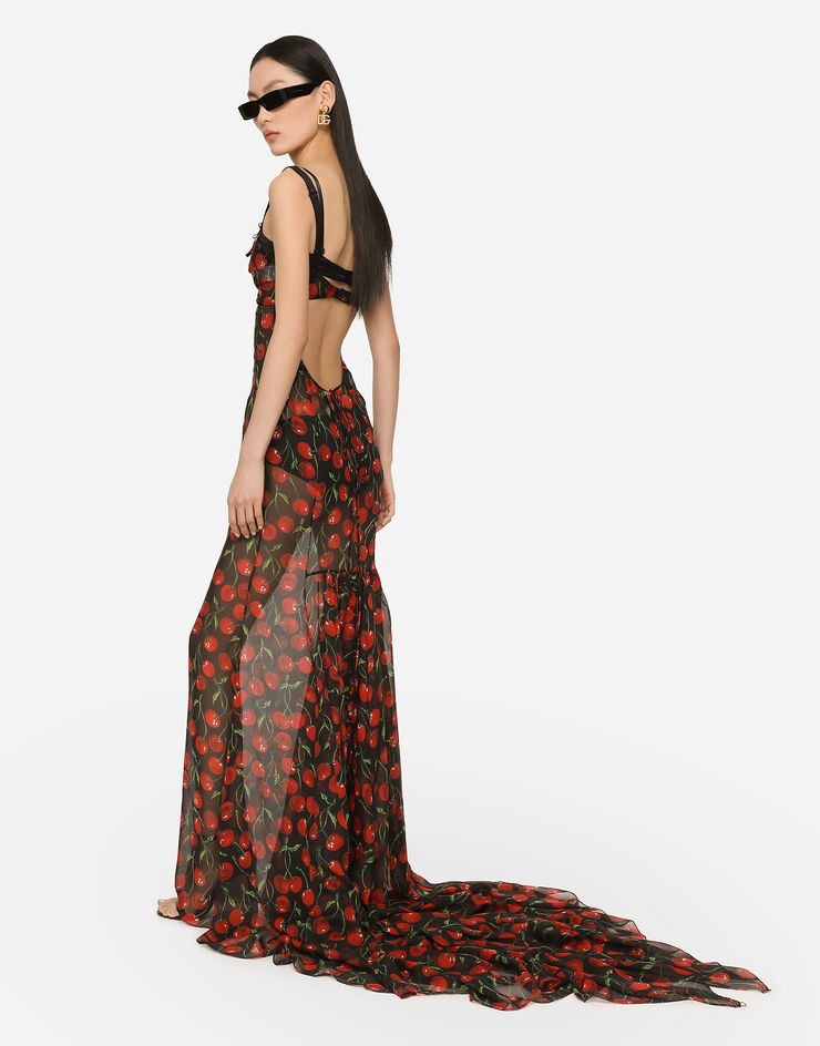 Long cherry-print chiffon dress with train - 3