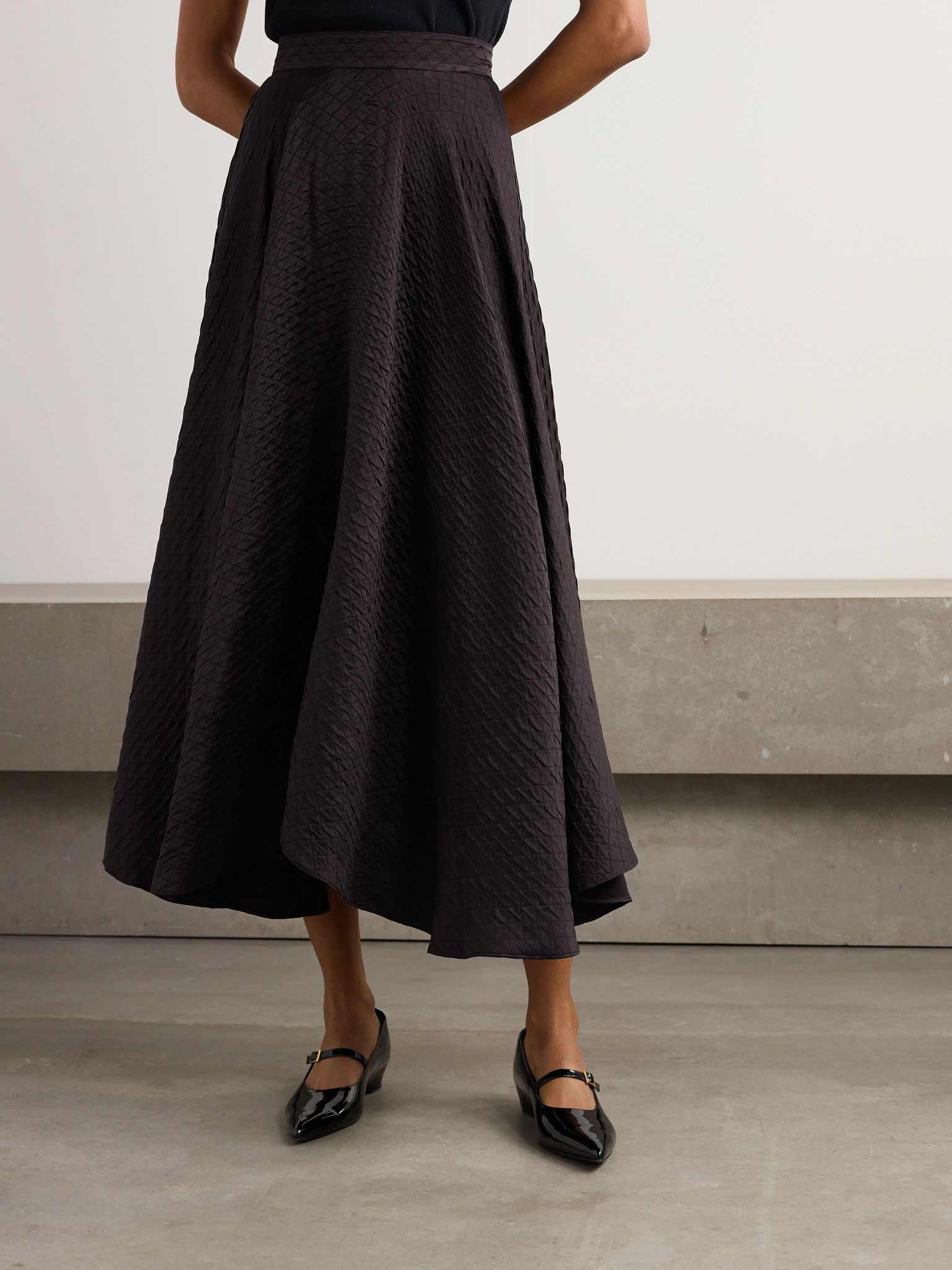 Elise quilted silk-cloqué midi skirt Brown - 3