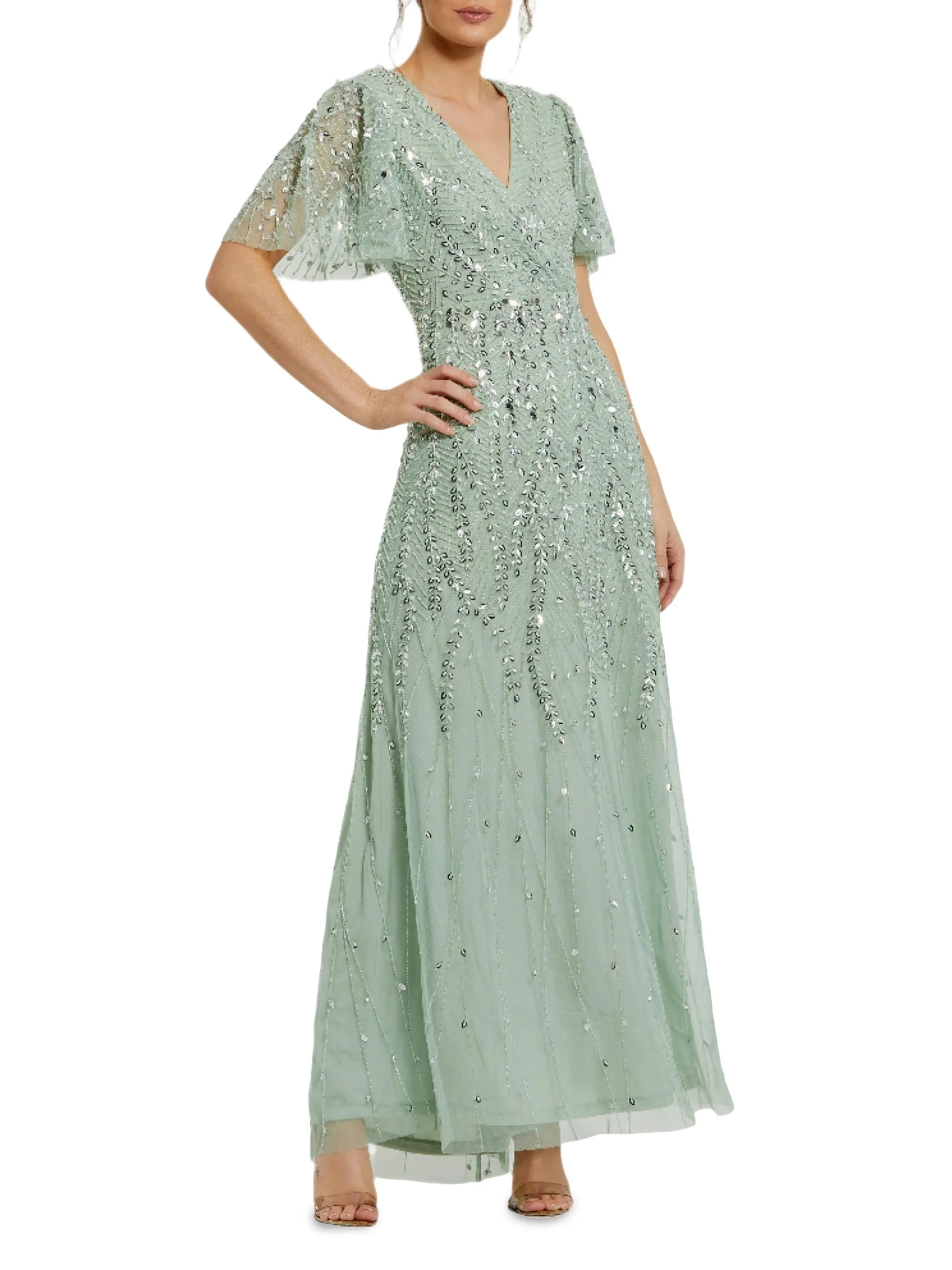 Women's Sequined Beaded Tulle Gown - Sage - 1