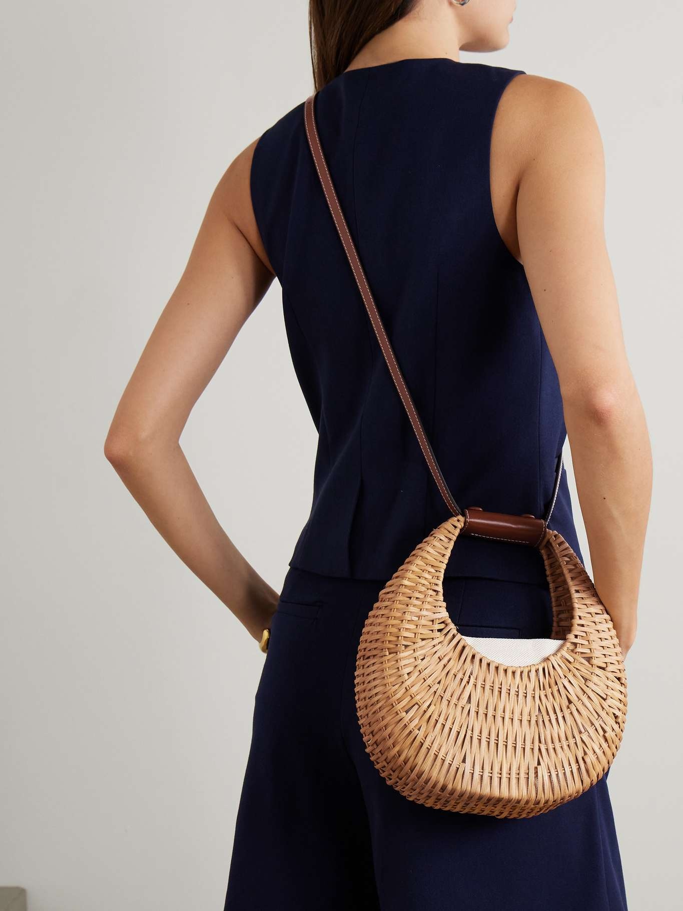 Mini Moon leather-embellished raffia shoulder bag - 6