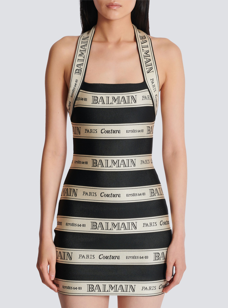 Jacquard halterneck dress with Balmain ribbon motif 5