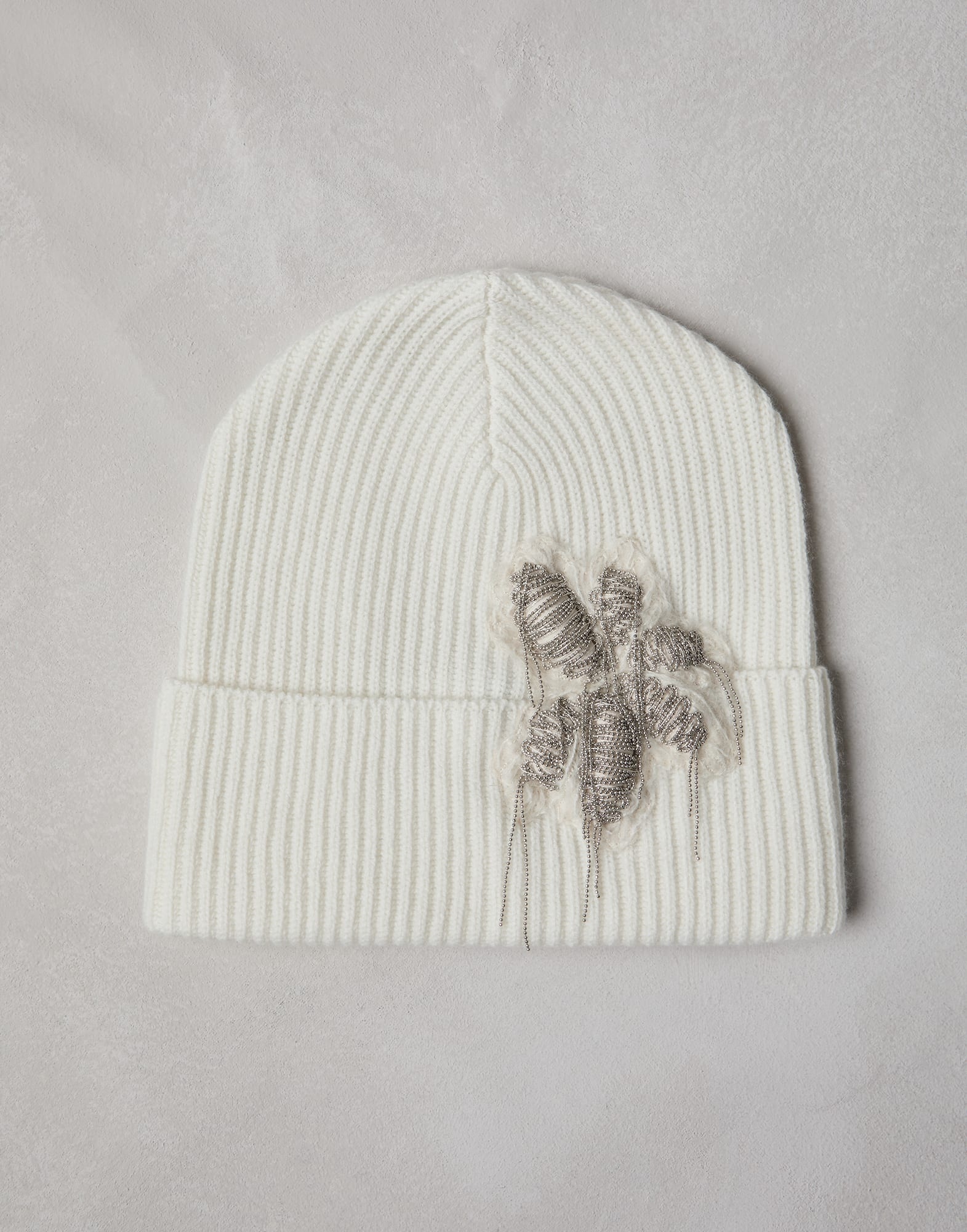 Cashmere rib knit beanie with precious flower crest - 1