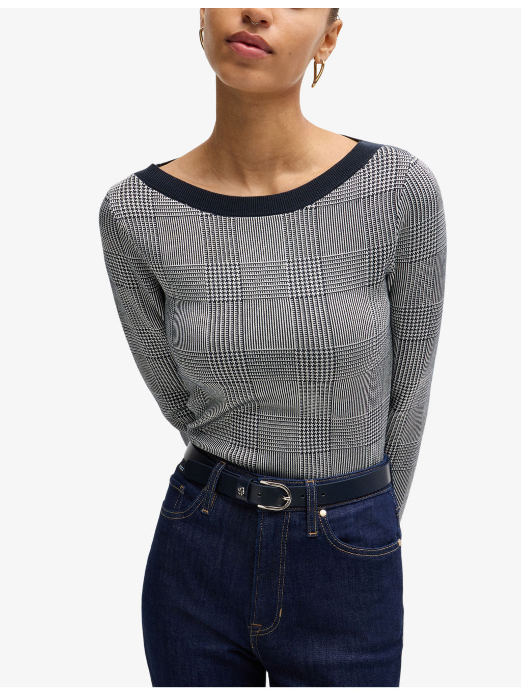 Plaid boat-neck stretch-knit top - 5